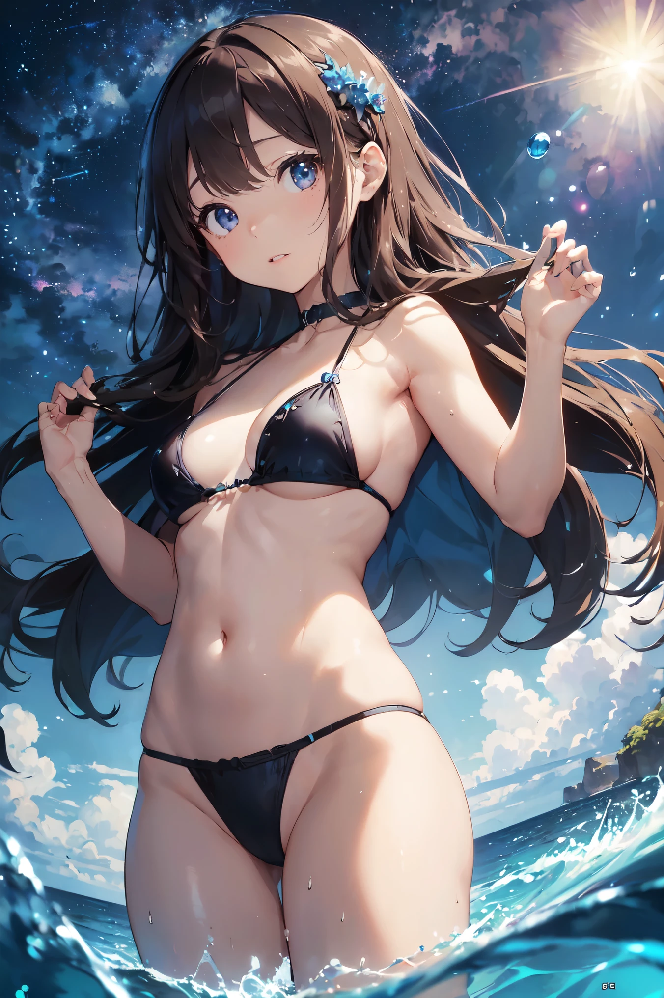 (((masterpiece、High resolution、high quality、delicate、Ultra-High resolution、8k)))1 female、Brown Hair、Curly Hair、blue eyes、Dark lips、Glowing Skin、Micro Bikini、break,Ocean、Beach、Water Drop、Bubbles 🫧、night、Starry Sky、milky way、universe