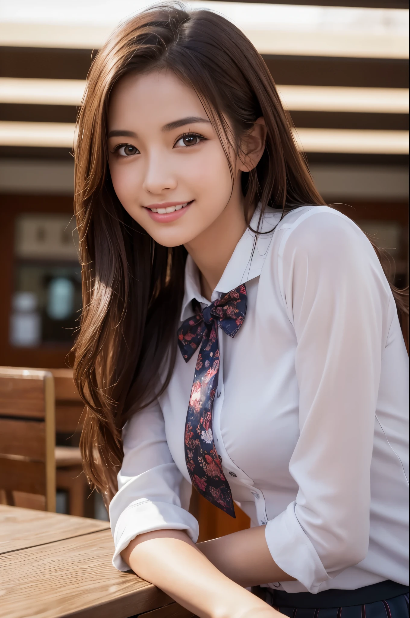 8k, RAW Photos, Highest quality, Tabletop: 1.2), (Realistic, Photorealistic: 1.37), Very detailed, 1 high school girl, Super Beauty(Like the real thing), alone, Beautiful detailed sky, Detailed Coffee, night, Sitting in the store, (Big smile: 1.1), Long brown hair　Medium chest, Beautiful detailed eyes, (Collared shirt: 1.1), A bow tie, Pleated skirt, Beautiful expression　Ultra-high resolution,Ultra-Realistic Skin,masterpiece,Highest qualityのPhotorealisticなRAW Photos。Bright colors,Rich colors, Backlight, Cinema Lighting, Film Grain, 50mm lens, Nikon D850,Beautiful expression,Fantasy art,Character Art,View your viewers,Top view,,Accentuate your cleavage,Dynamic pose,