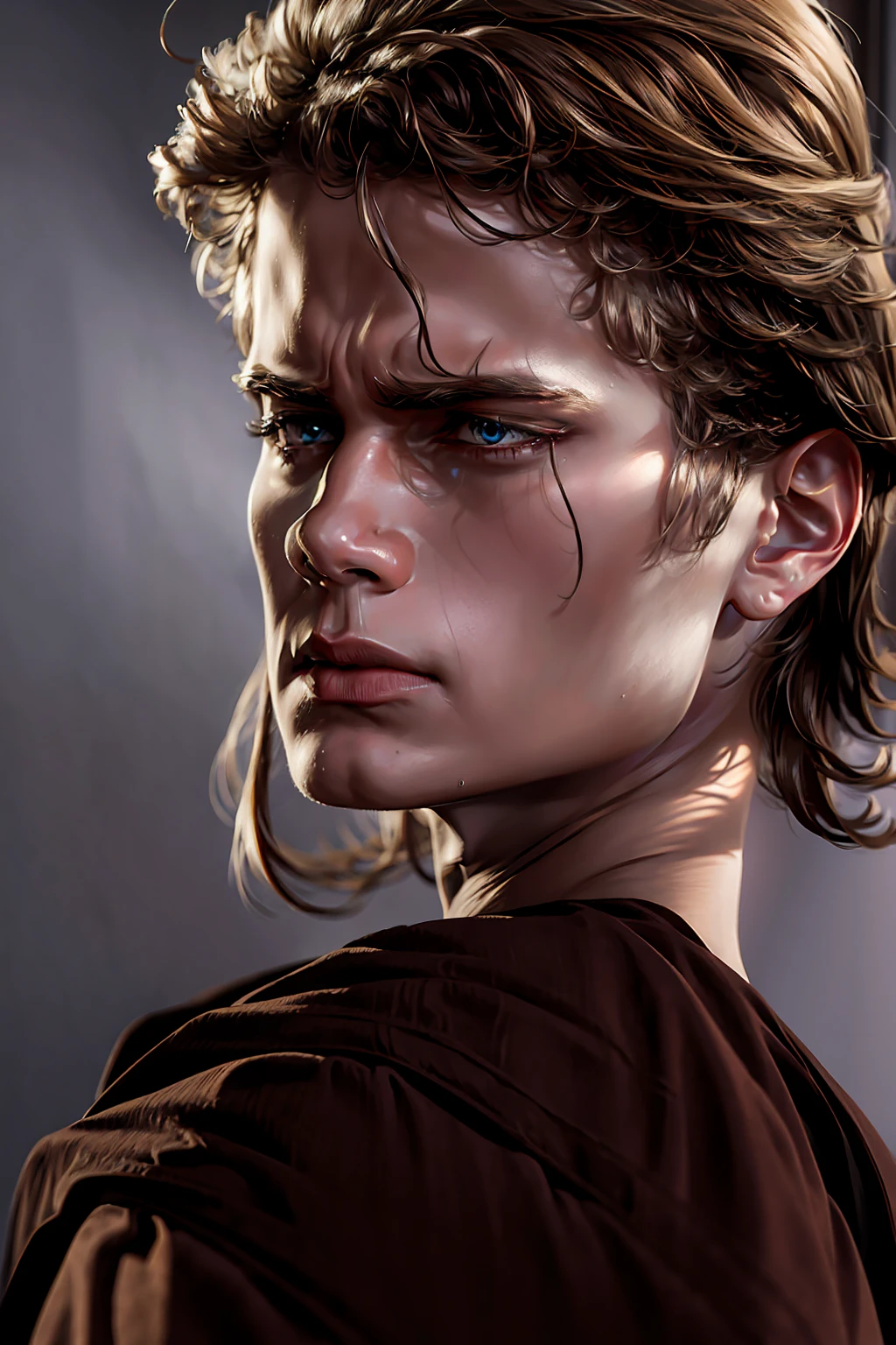 masterpiece, 8k quality, Anakin_skywalker, best quality, long hair, boy, attractive, angry, hand covering half face, young man with a melancholic and introspective expression, reminiscent of a fallen angel, with one hand strategically placed to cover part of his face, enhancing the sense of emotional depth and contemplation, dramatic lighting highlighting his features and a somber, ethereal atmosphere, minimal or abstract background, to maintain focus on his expression and the mood of the scene, fallen angel face, true anger and fear in eyes, long hair, attractive, brown eyes,