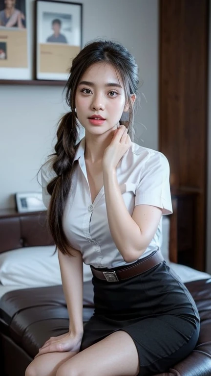 Pretty thai woman Standing in surprise , (8k, best quality, masterpiece, ultra highres:1.2) Photo of Pretty thai woman beautiful, beautiful enchanting fashion contemporary painting with , (1girl), (white shirt short sleeves), ((black pencil skirt)), belt , , blonde hair, , realistic skin texture , round chin, 85 mm art lens, f 1. 2, sharp focus, 8 k high definition, insanely detailed, intricate, elegant, large breasts, big breasts , black skirt , twin tails hair