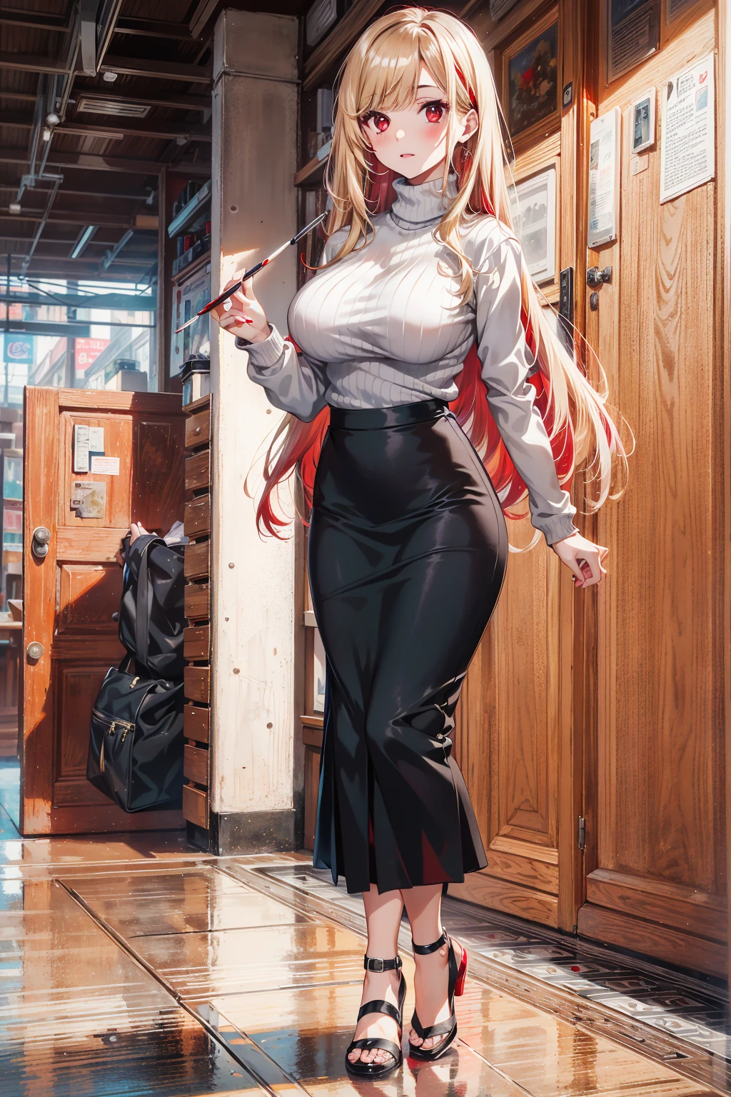 absurd, 8K, high resolution, ultra detailed, beautiful, masterpiece, best quality, very pretty woman, young, (very big breasts:1.1), detailed woman's face, very attractive, long black pencil skirt, turtleneck sweater , full body, marin kitagawa, long hair, bangs, blonde hair, (red eyes:1.5), multicolored hair,