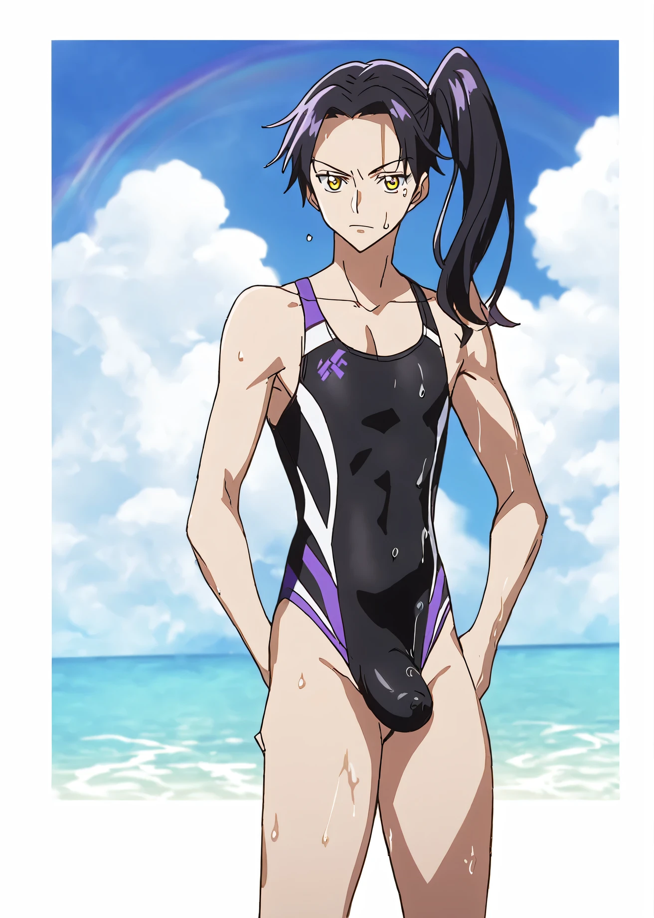 A boy with a long blue side ponytail, Anime boy in black swimsuit, Wearing a swimsuit, Wear a swimsuit, Boy with long purple side ponytail, Yellow eyed boy, clothing:High cut swimsuit, Wet swimsuit, solo, Male focus, One piece swimsuit, Wearing a swimsuit, Cool anime boy in black tank suit, Wear a swimsuit, Tall men, Swimsuit, Sparky Swimsuit, Black and purple high leg racing swimsuit, Black and purple high leg racing swimsuit, Full Body:: Sunny weather::, Wear a swimsuit, High leg, High Resolution Commission, High legレーシングスイムウェア, High legレーシングスイムスーツ, Bare shoulders, bare legs, in a female competiton swim suit, Swimming Suits for Competitions, Black swimsuit with purple lines, bulged penis,