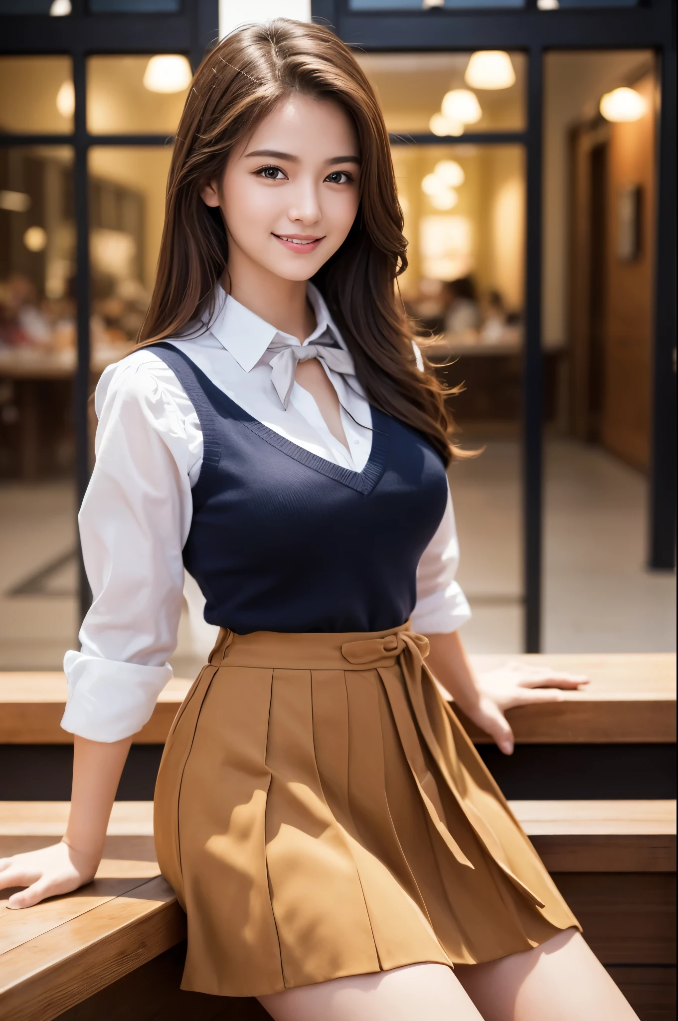 8k, RAW Photos, Highest quality, Tabletop: 1.2), (Realistic, Photorealistic: 1.37), Very detailed, 1 high school girl, Super Beauty(Like the real thing), alone, Beautiful detailed sky, Detailed Coffee, night, Sitting in the store, (Big smile: 1.1), Long brown hair　Medium chest, Beautiful detailed eyes, (Collared shirt: 1.1), A bow tie, Pleated skirt, Beautiful expression　Ultra-high resolution,Ultra-Realistic Skin,masterpiece,Highest qualityのPhotorealisticなRAW Photos。Bright colors,Rich colors, Backlight, Cinema Lighting, Film Grain, 50mm lens, Nikon D850,Beautiful expression,Fantasy art,Character Art,View your viewers,Top view,,Accentuate your cleavage,Dynamic pose,