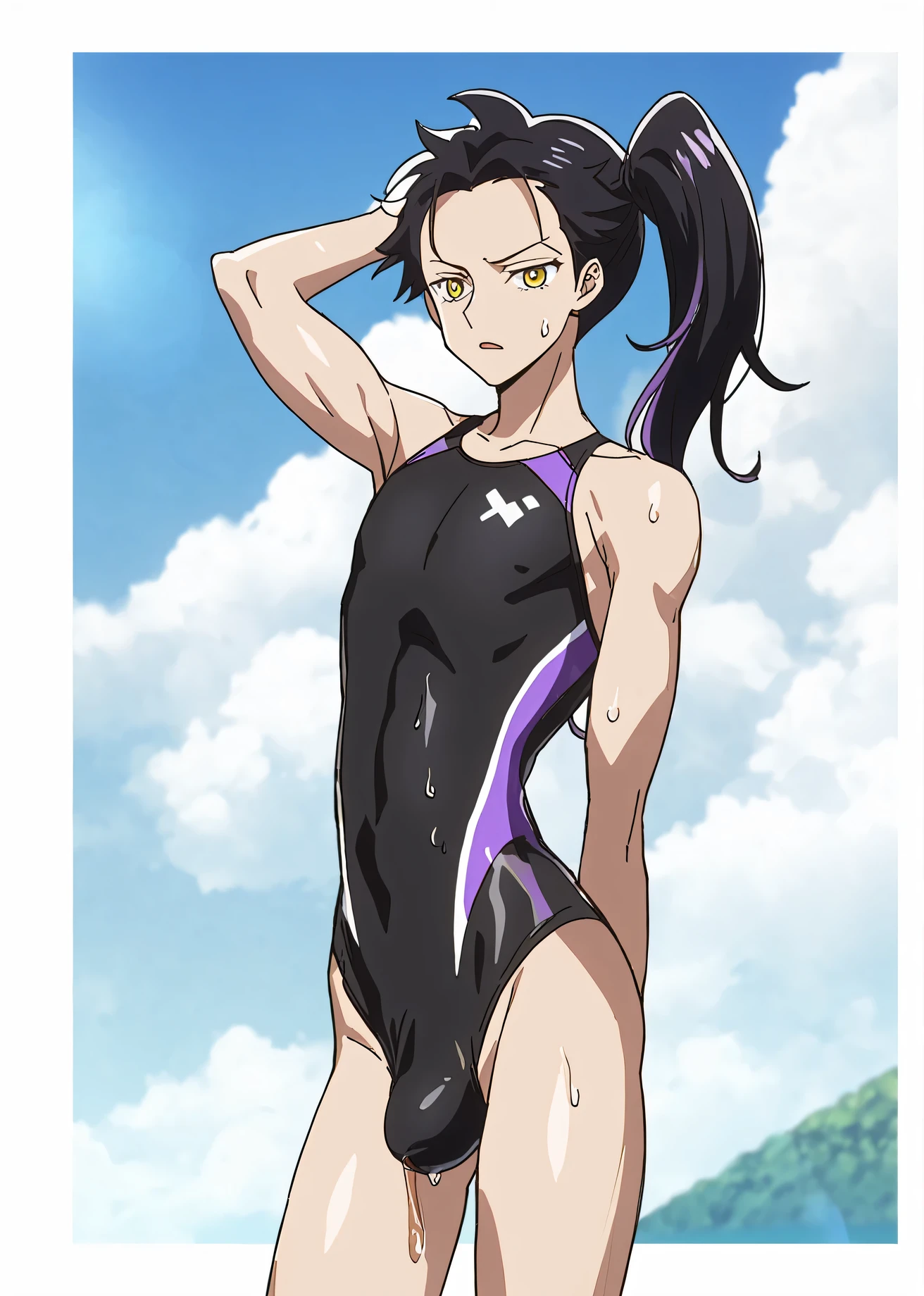 A boy with a long blue side ponytail, Anime boy in black swimsuit, Wearing a swimsuit, Wear a swimsuit, Boy with long purple side ponytail, Yellow eyed boy, clothing:High cut swimsuit, Wet swimsuit, solo, Male focus, One piece swimsuit, Wearing a swimsuit, Cool anime boy in black tank suit, Wear a swimsuit, Tall men, Swimsuit, Sparky Swimsuit, Black and purple high leg racing swimsuit, Black and purple high leg racing swimsuit, Full Body:: Sunny weather::, Wear a swimsuit, High leg, High Resolution Commission, High legレーシングスイムウェア, High legレーシングスイムスーツ, Bare shoulders, bare legs, in a female competiton swim suit, Swimming Suits for Competitions, Black swimsuit with purple lines, bulged penis,