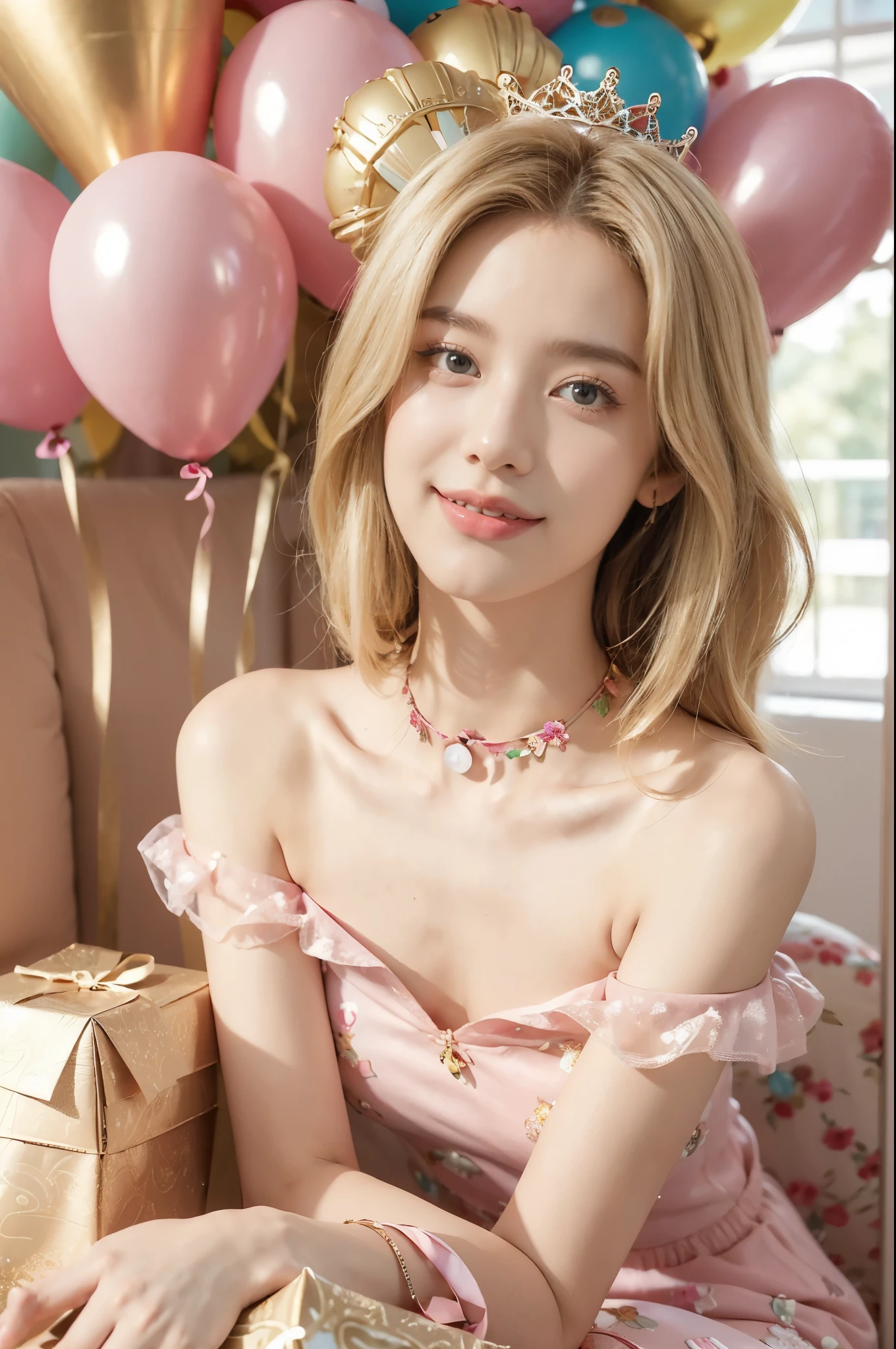 (((best quality))),(((ultra detailed))),(((masterpiece))),illustration,((1girl,solo)),(shoulder-length bob:1.2),(blonde hair:1.3),((bright eyes,flawless skin)),((slim,thin)),((small breasts,flat chest)),(dog collar with a bell:1.2),(pink floral sheer dress:1.3),(slender legs:1.2),sweetheart neckline,innocent yet alluring,(In a pink princess theme bedroom:1.3),(sitting on colorful gift box:1.3),wonderful expression,big bows,festive atmosphere,balloons and streamers,sunlight streaming in,radiant smile,anticipation,joy and excitement,capturing a moment of pure happiness,((from front,upper body))