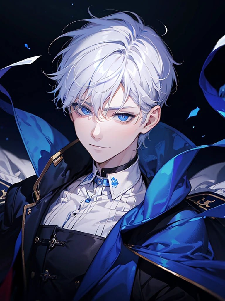 boy, blue eyes, white short wavy hair, cool boy, handsome boy. sadistic smile. noble