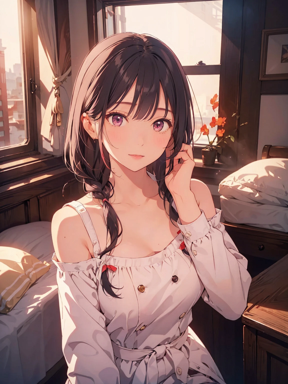 (best quality, Masterpiece), 1 girl, The sun shines, In the building, bedroom, black hair, Beautiful long hair, braid, pink eyes, cute, Bright face, Good mood, big breasts, เสื้อผ้าpornographic, pornographic, collarbone, shoulder, shy, Very blushing., 1 woman, young girl, (Goosebumps:0.7), Beautiful face, (shyไลเนอร์, lipstick:0.9), nighttime, fall, 4K, 8K, UHD, HDR, detailed background, background