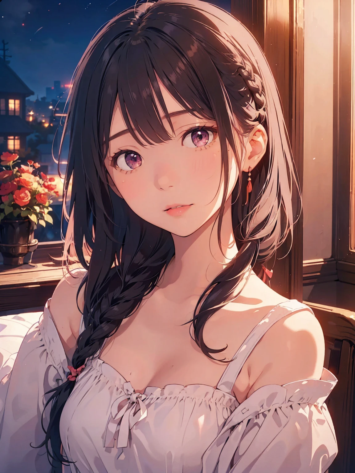 (best quality, Masterpiece), 1 girl, The sun shines, In the building, bedroom, black hair, Beautiful long hair, braid, pink eyes, cute, Bright face, Good mood, big breasts, เสื้อผ้าpornographic, pornographic, collarbone, shoulder, shy, Very blushing., 1 woman, young girl, (Goosebumps:0.7), Beautiful face, (shyไลเนอร์, lipstick:0.9), nighttime, fall, 4K, 8K, UHD, HDR, detailed background, background