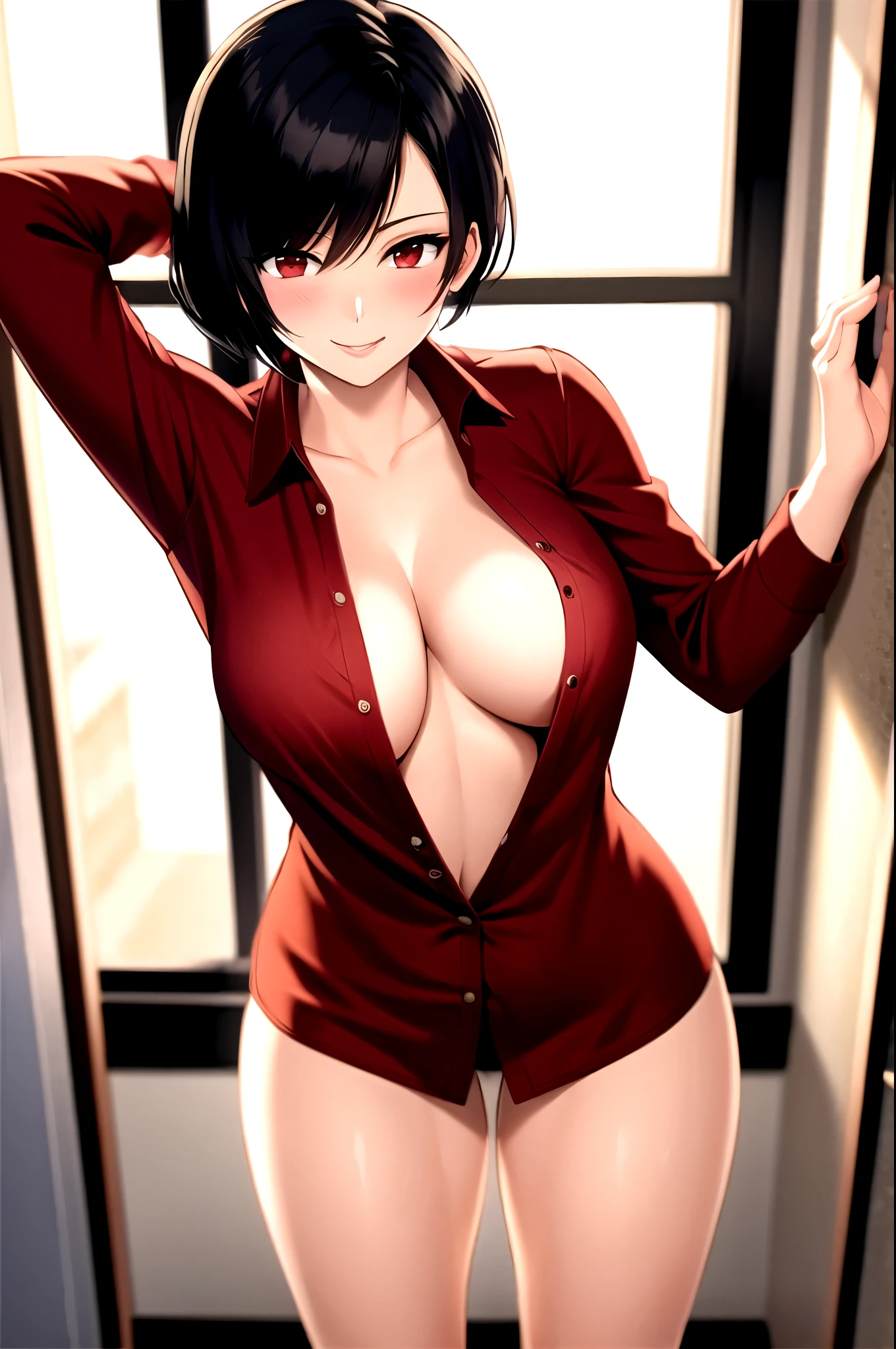 Ada wong,red shirt,Cleavage,smile,sexly,upturned collar shirt, popped collar shirt, High collar shirt,blush,One Woman,Put your hands behind your head,whole body,Facing forward,By the window in the morning sun,Cleavage,Spread your legs,Naked shirt,