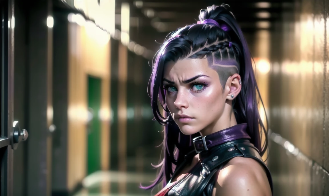 "((highly detailed, detailed eyes, detailed face, clear and realistic facial features, photorealistic, realistic light; cinematic)), (1 woman), ((((school hallway background)))), (((gorgeous athletic punk tough bully female))), ((18-year-old teenage female)), ((((glaring smug expression)))), ((threatening intimidating mood)), ((blue-green eyes)), ((long black hair with an undercut)), (((dressed in red and leather))), ((purple tint in hair)), ((blocking your path/standing in your way))."