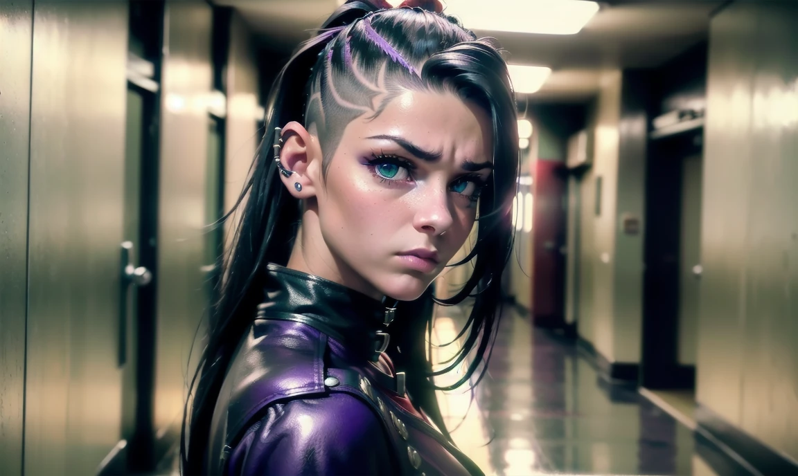 "((highly detailed, detailed eyes, detailed face, clear and realistic facial features, photorealistic, realistic light; cinematic)), (1 woman), ((((school hallway background)))), (((gorgeous athletic punk tough bully female))), ((18-year-old teenage female)), ((((glaring smug expression)))), ((threatening intimidating mood)), ((blue-green eyes)), ((long black hair with an undercut)), (((dressed in red and leather))), ((purple tint in hair)), ((blocking your path/standing in your way))."