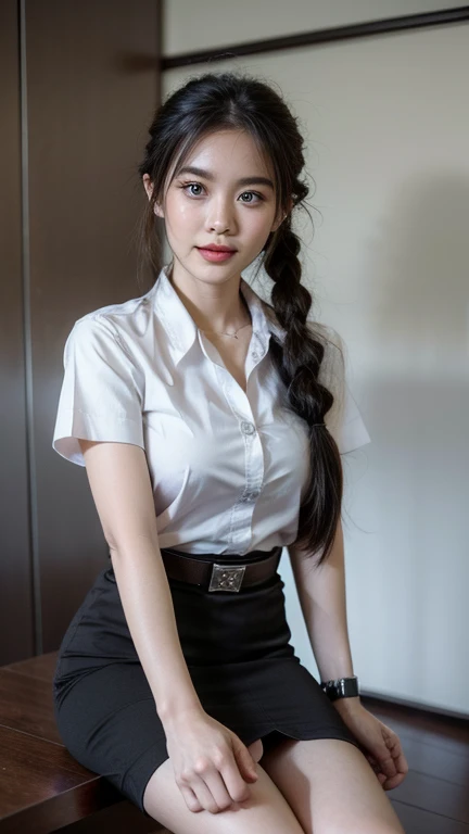 Pretty thai woman standing in wonder , (8k, best quality, masterpiece, ultra highres:1.2) Photo of Pretty thai woman beautiful, beautiful enchanting fashion contemporary painting with , (1girl), (white shirt short sleeves), ((black pencil skirt)), belt , , blonde hair, , realistic skin texture , round chin, 85 mm art lens, f 1. 2, sharp focus, 8 k high definition, insanely detailed, intricate, elegant, large breasts, big breasts , black skirt , twin tails hair