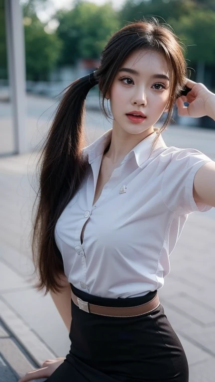 Pretty thai woman standing in wonder , (8k, best quality, masterpiece, ultra highres:1.2) Photo of Pretty thai woman beautiful, beautiful enchanting fashion contemporary painting with , (1girl), (white shirt short sleeves), ((black pencil skirt)), belt , , blonde hair, , realistic skin texture , round chin, 85 mm art lens, f 1. 2, sharp focus, 8 k high definition, insanely detailed, intricate, elegant, large breasts, big breasts , black skirt , twin tails hair