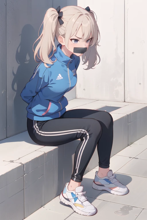 ((1 girl)), ((twin tails)), (sexy),  ((simple_background)), ((concrete floor, concrete wall)), ((underground room)), ((arms behind back)), ((scowl)), ((sitting on the knees)), ((tape gag)), ((tied legs)), ((tied ankle)), ((helpless)), ((calm)), ((struggling)), (blue tracksuit,tracksuit,tights pants, long black pants)