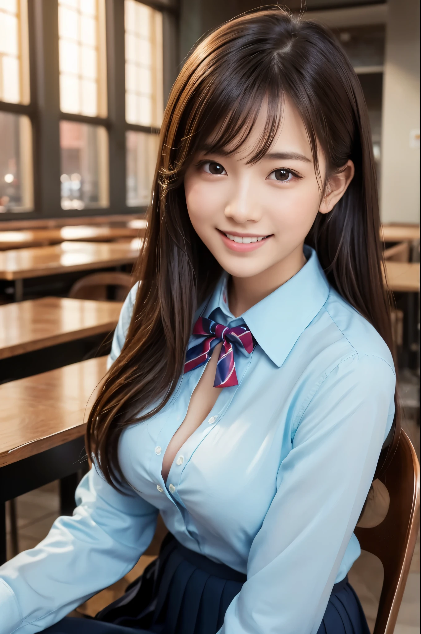 8k, RAW Photos, Highest quality, Tabletop: 1.2), (Realistic, Photorealistic: 1.37), Very detailed, 1 high school girl, Super Beauty(Like the real thing), alone, Beautiful detailed sky, Detailed Coffee, night, Sitting in the store, (Big smile: 1.1), Long brown hair　Medium chest, Beautiful detailed eyes, (Collared shirt: 1.1), A bow tie, Pleated skirt, Beautiful expression　Ultra-high resolution,Ultra-Realistic Skin,masterpiece,Highest qualityのPhotorealisticなRAW Photos。Bright colors,Rich colors, Backlight, Cinema Lighting, Film Grain, 50mm lens, Nikon D850,Beautiful expression,Fantasy art,Character Art,View your viewers,Top view,,Accentuate your cleavage,Dynamic pose,