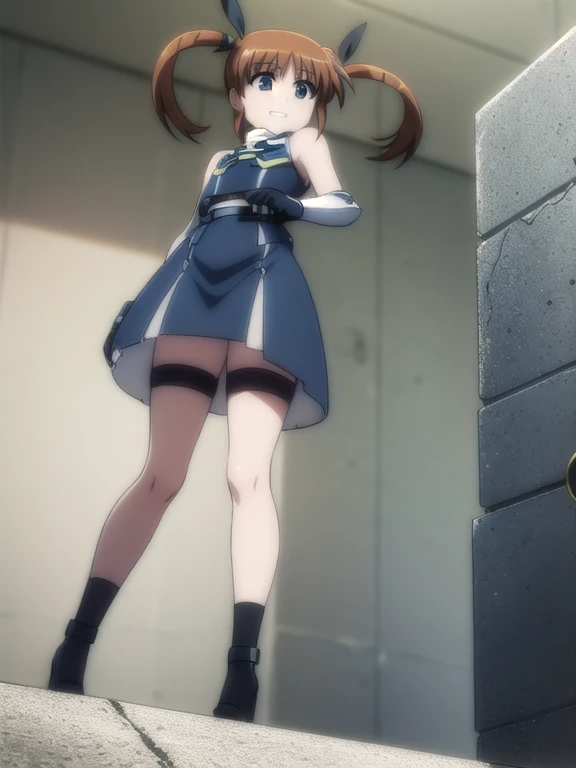 nanohatakamachi, Nanoha Takamachi, takamachi nanoha, Brown Hair, Twin tails, blue eyes,
prison, concrete wall, concrete floor, bare shoulders, femdom, dominatrix, black bustier, black stockings, black g-string, black high heels, black garter belt, black elbow gloves, looking at viewer, ((evil grin)), boy lying on floor, female standing, (((((from below))))), ((((looking down)))),