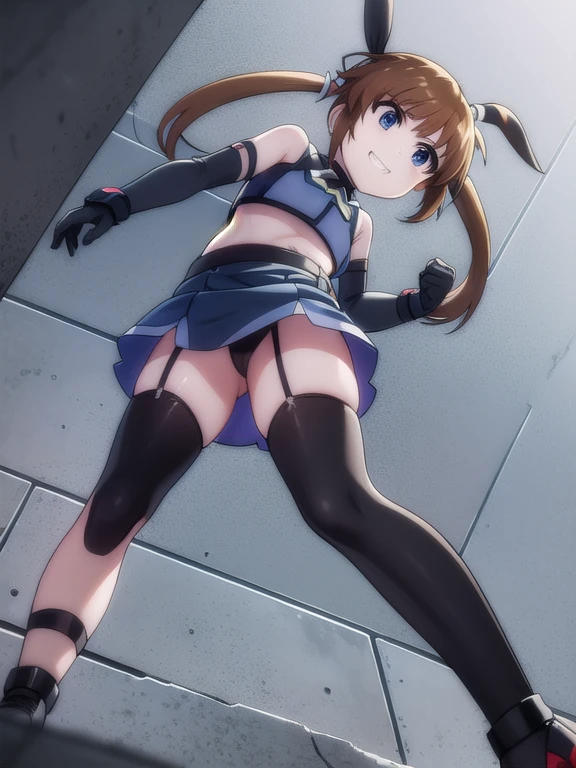 nanohatakamachi, Nanoha Takamachi, takamachi nanoha, Brown Hair, Twin tails, blue eyes,
prison, concrete wall, concrete floor, bare shoulders, femdom, dominatrix, black bustier, black stockings, black g-string, black high heels, black garter belt, black elbow gloves, looking at viewer, ((evil grin)), boy lying on floor, female standing, (((((from below))))), ((((looking down)))),