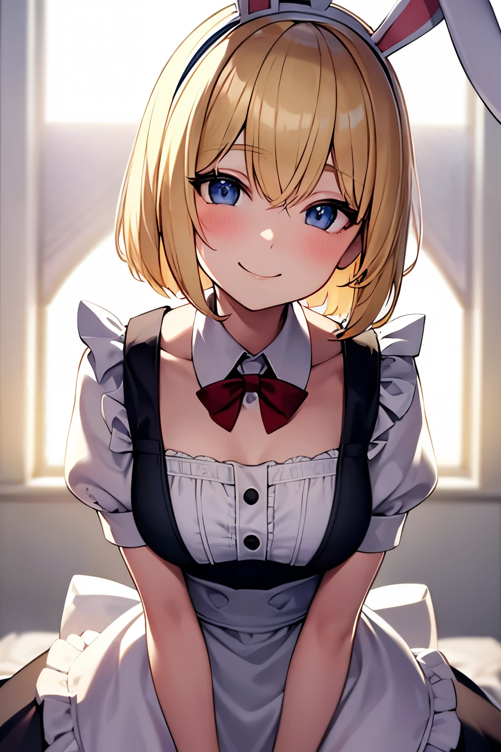Shortcuts, Blonde, pop, Bob, bangs, Headpiece, Bunny ears, Maid clothes,smile, Backlight, With my boyfriend