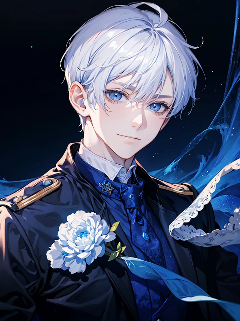 boy, blue eyes, white short wavy hair, cool boy, handsome boy. sadistic smile. noble
