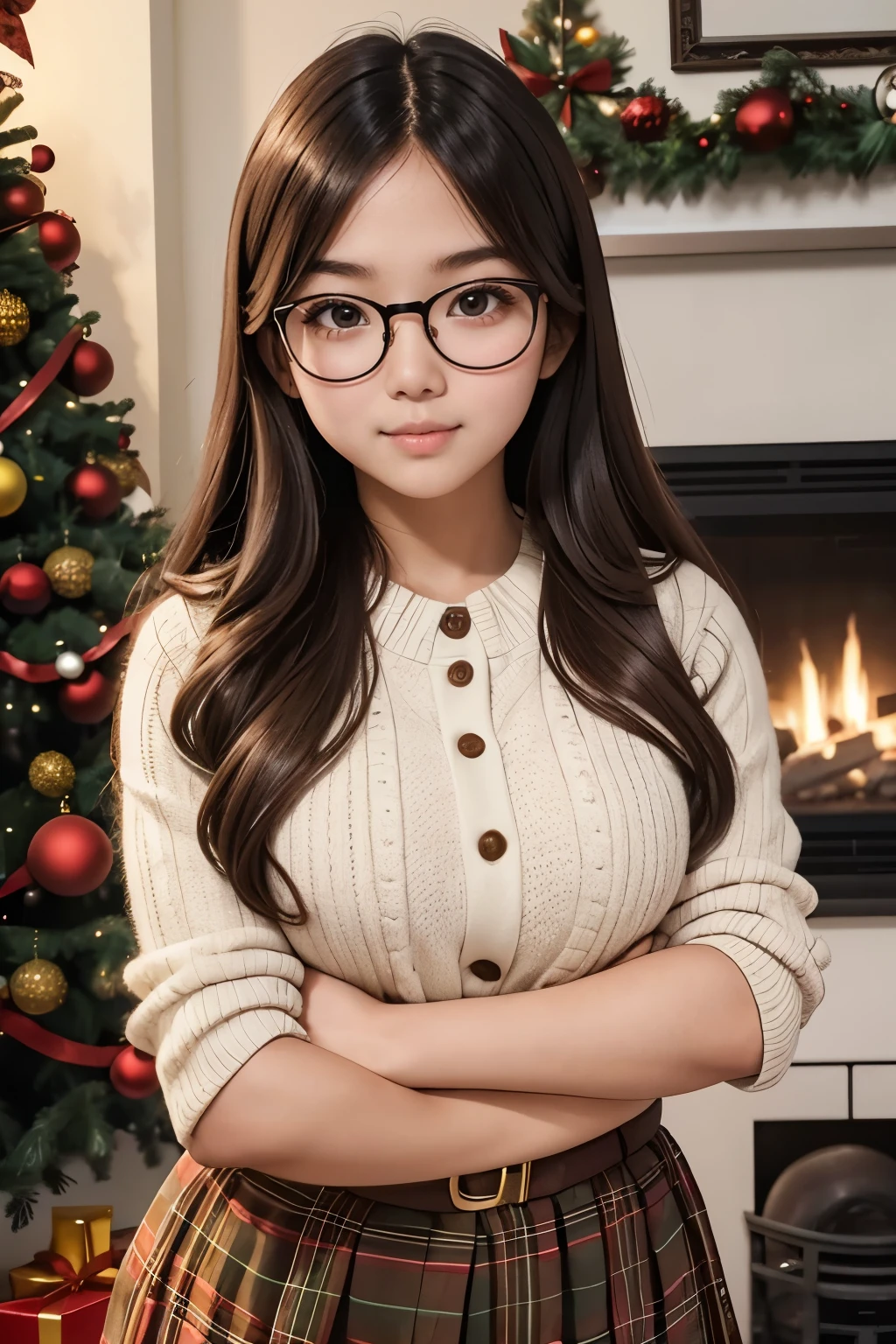 detailed face of photo. 20 year old white skin slim body Indonesian girl with a sweet  face,   round face chubby face and long brown wavy hair, round glasses wear sexy school girl outfit  in front of Christmas tree front of fireplace