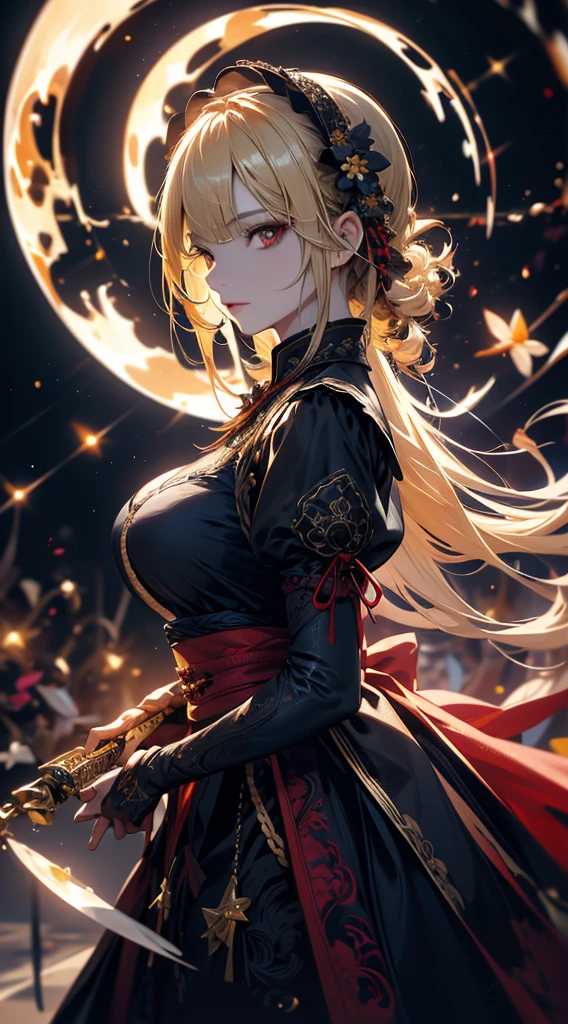 masterpiece, high quality, 4K, Beautiful design, silhouette,blonde, 非常に詳細な夜のStarry Sky,Flower Field, wonderful, Finer details, Very knowledgeable woman, Highly detailed solo, 1 female,Red eyes,Big Breasts,Gothic Lolita Fashion,Night view,Starry Sky,full moon,