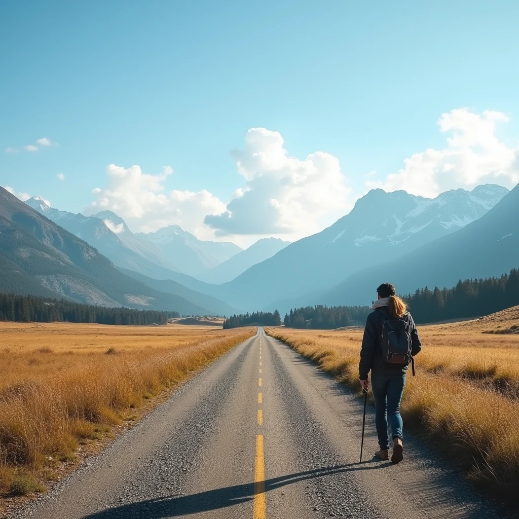 road, field, a hiker walking, panorama, clouds, mountains, clear blue sky