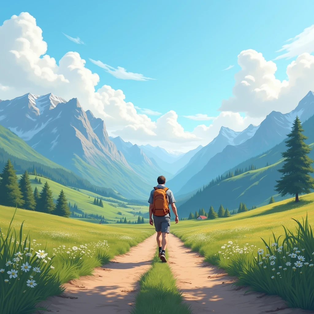 road, field, a hiker walking, panorama, clouds, mountains, clear blue sky