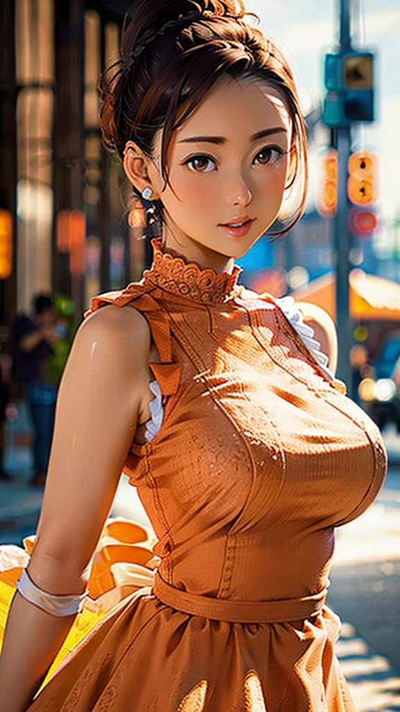 a woman posing on the street corner with orange dress on, best quality, 1girl, huge breasts, day, bright, blur background, bokeh, outdoor, (street:0.8), (people, crowds:1), (lace-trimmed dress:1.5, orange sleeveless dress, orange clothes:1.5, orange high-neck dress:1.5, orange dress: 1.5), gorgeous, (hair up:1.5), beautiful detailed sky, beautiful earrings, (dynamic pose:1), (upper body:0.8), soft lighting, wind, shiny skin,