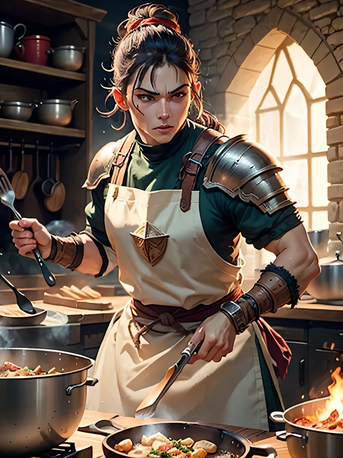 a medieval cook, from the world of dungeons and dragons, cooking in a battle action pose, strong, warrior cook, strong, warrior, perfect face