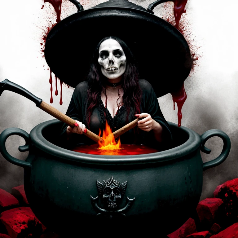 Undead witch is boiled in a huge cauldron, blood, horror