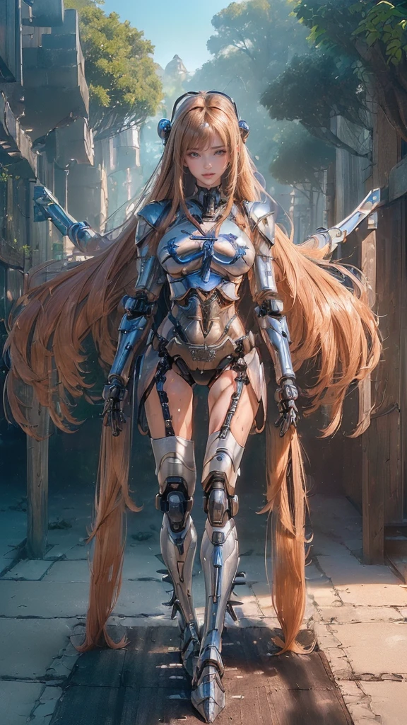 ((1girl:1.5),(embroidered cybernetic body:1.5),large breast,(mecha armor:1.5)),(Highest image quality, outstanding details, ultra-high resolution, (realism: 1.4), the best illustration, favor details, highly condensed 1girl,(Sense of presence:1.5),(Dynamic:1.5),(bold:1.5)),(thin hair:1.8),(straight hair:1.5),(Swept long bangs:1.5),(extra light coppery amber hair),((hair over one eye:1.2)),(stretching:1.5)