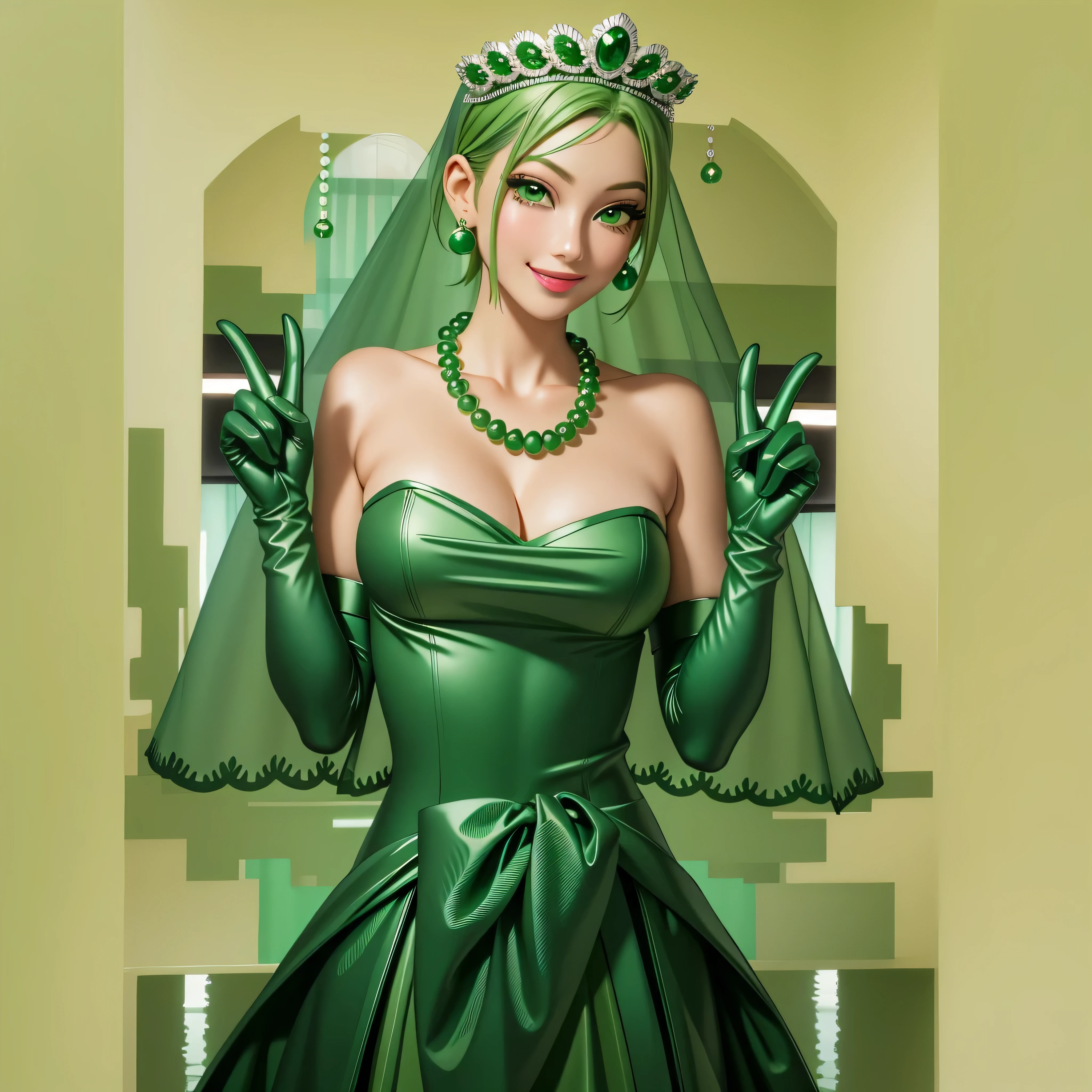 Emerald tiara, Green Pearl Necklace, Boyish very short green hair, Green Lips, Smiling Japanese woman, Very short hair, Busty beautiful lady, Green Eyes, Green satin long gloves, Green Eyes, Emerald Earrings, Green veil, all, Green Hair, Beautiful Japanese Women, green lip gloss