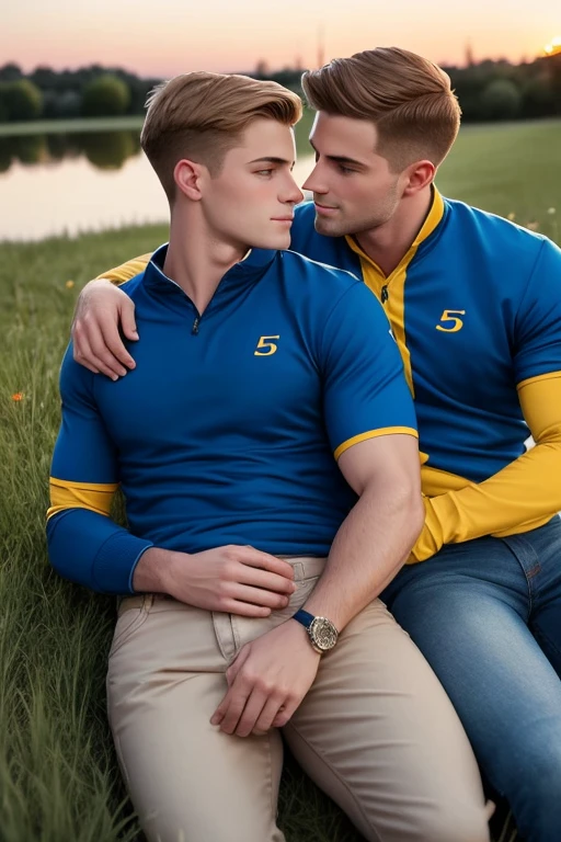 Two men, photo realistic.  A 16-year-old, handsome, lean man with short-cut, blond hair and blue eyes, wearing a brown sweatshirt, and khaki pants, sitting in the lap of a 17-year-old, handsome, athletic, Caucasian man with short, shaved brown hair, and blue eyes, wearing a blue and yellow jersey, and jeans, kissing, groping each other, laying on a grassy field, by a pond in a large city park, at night.  Masculine, erotic, sexy, romantic, love, huge bulge.