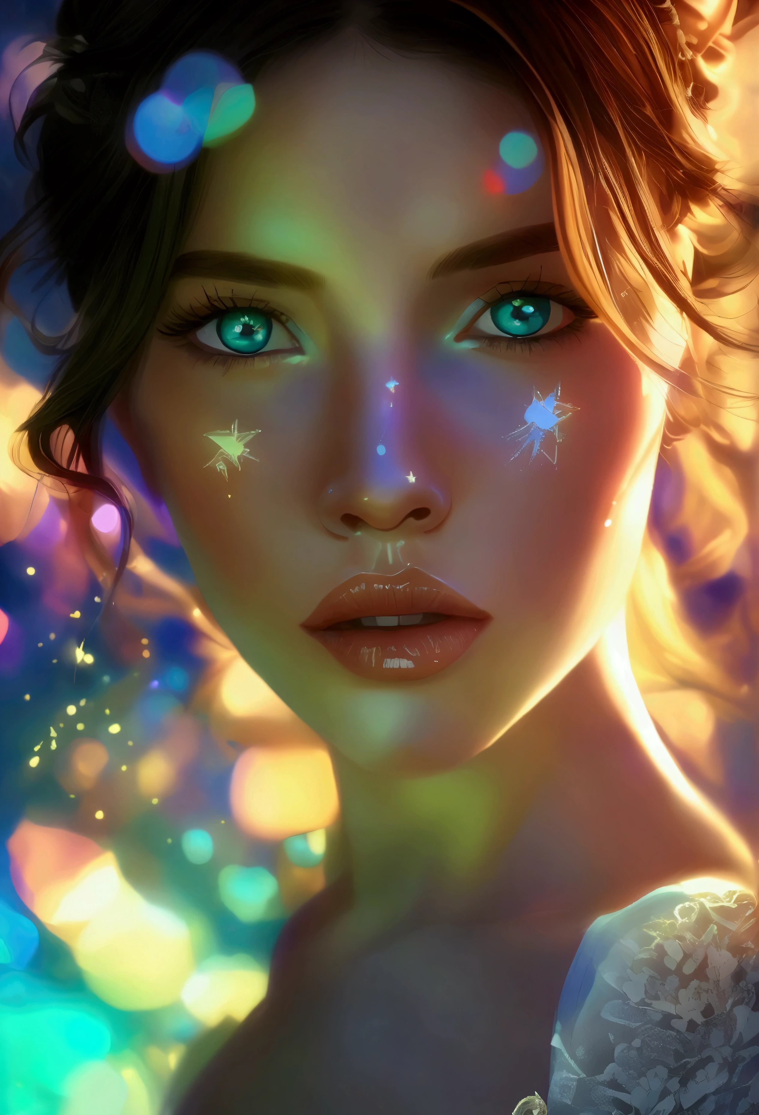 masterpiece, Superb Girl, pretty girl, bust, high detail eyes, Perfect eyes, portrait, high detail face, same eyes, Glare, rainbow color, global illumination, luz outfit, dream light, Digital paint, Primer plano 8k, fancy, night sky, stars, nebula, white crystal, Moonlight, serenity, summer, (8k:1.1)