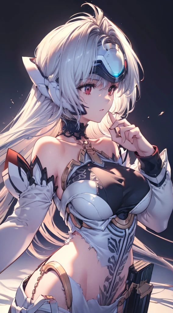 (((Masterpiece))), (portrait), diffused light, dynamic shadows, sharp focus, realistic, detailed, highres, absurdres, anatomically correct, seductive face, white background, torn clothes, looking to the side, black choker, belly button, medium breast