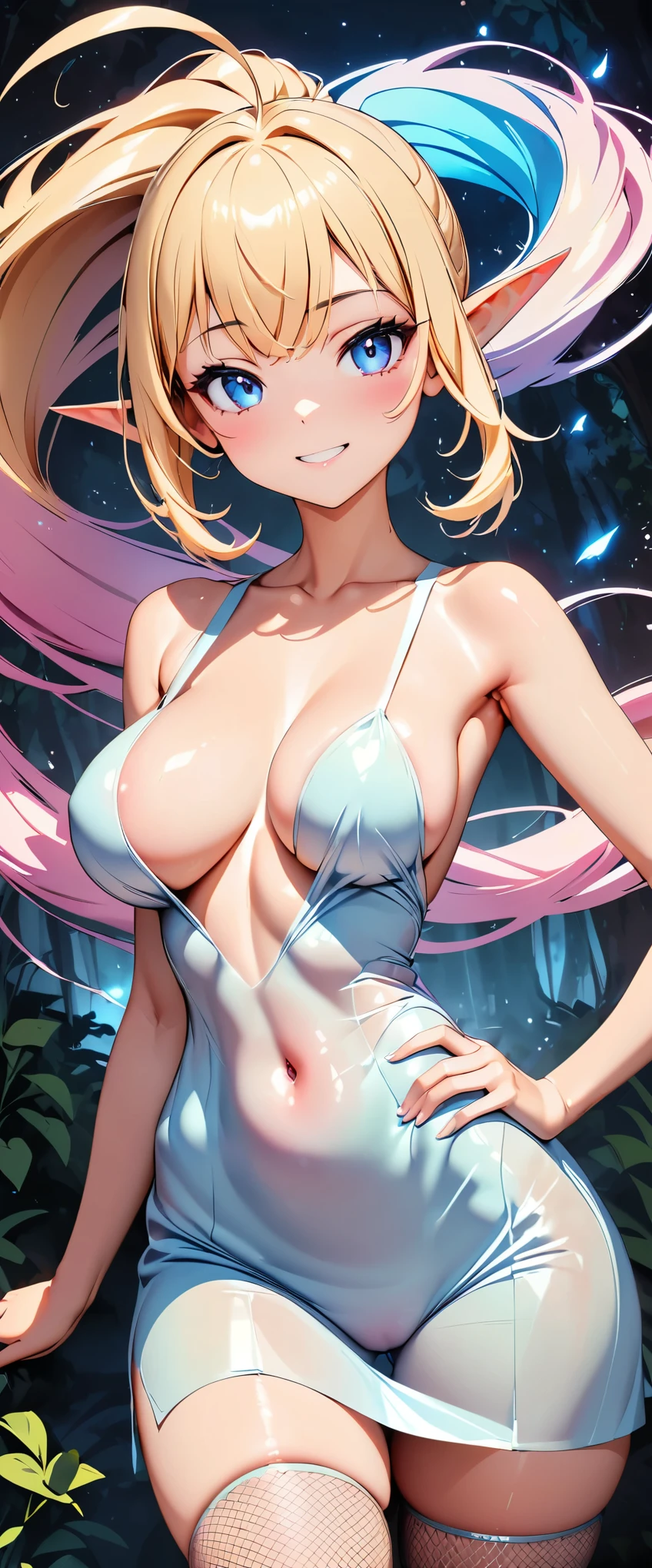 (最high quality:1.2, Anime Style, Digital Art, Very detailed, up to date, Vibrant, High Detail, High Contrast, masterpiece:1.2, 最high quality, Best aesthetics), 1 female, One person, Elf, Slender body, ((Fairy)), blonde, (Small face), ((Her breasts are big)), ((Pastel Dress, Transparent body, Shiny Dresses, Light effects)), (((Captivating body, Lewd Curves))), Fairyの光, in the forest, 森に住むFairy, Forest and flower background, ((blonde, ponytail, Ahoge)), ((smile:1.2)), Big Breasts, (Pointed Ears, Fairy), Normal hip joint, Cowboy Shot, Random Pause, Sexy shot, (Color coding, Sexy Fishnet Stockings, Shiny costumes), Beautiful Skin, Beautiful Skin, Perfect Fingers, Five Fingers, Anatomically correct, Background Blur, high quality, Surreal, Bright colors,