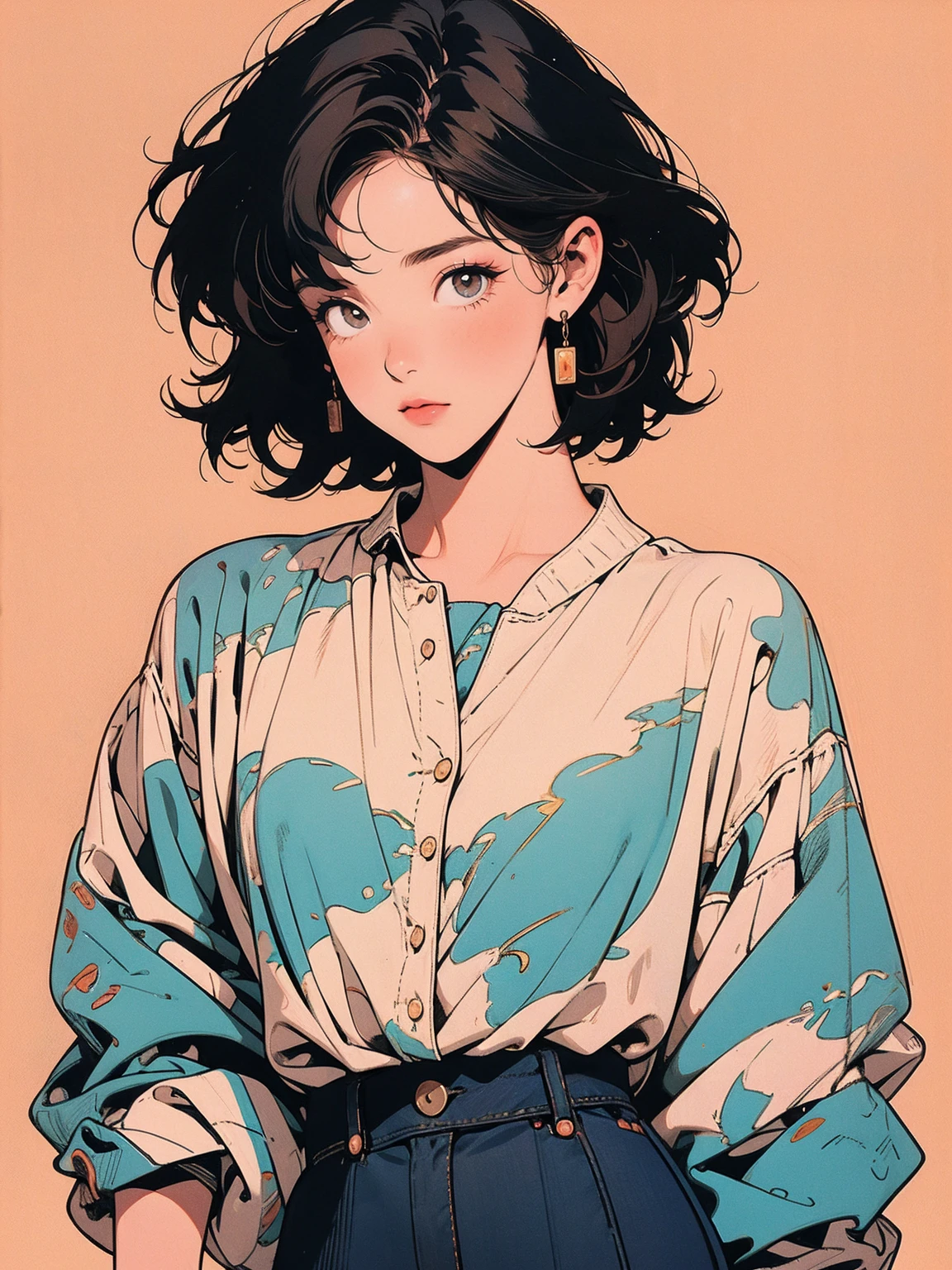 whole body, Upper Body, Have iPhone , Messy room, Apartments, 1 Girl, 4K, Warm colors , short hair , skirt, blouse、Faint lighting、Detailed Hair、Perfect Face、80s fashion、Retro Color、Highest quality、Detailed Background、Complex background、Sunset