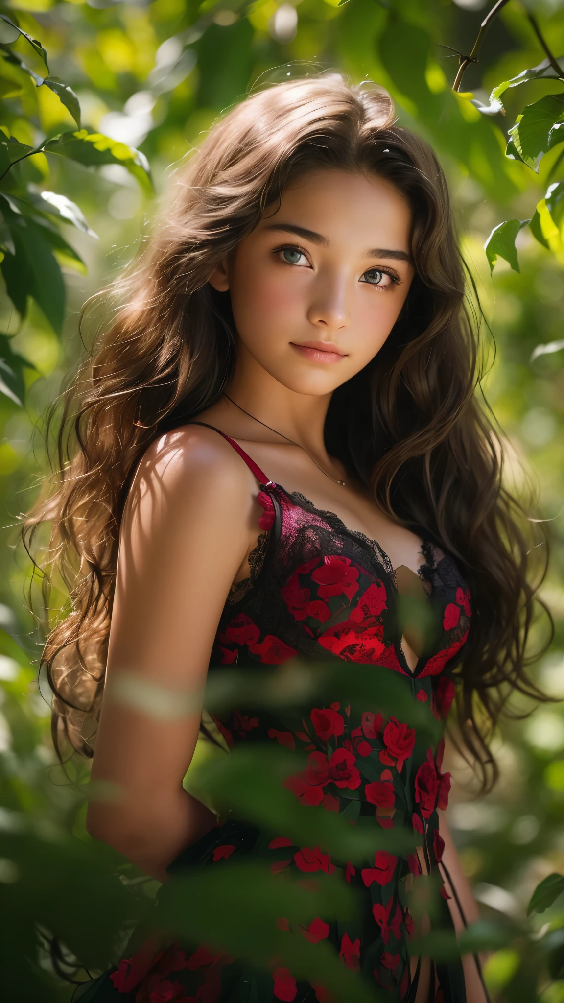 ((rachel brockman)) a portrait photograph of a beautiful ((15 year old)) girl, (highly detailed face:1.4), perfect eyes, realistic iris, perfect teeth, (smile:0.7), award winning photo, best quality, portrait by annie leibovitz, canon 5d mark ii, film, professional photograph, (rich colors:1.1), hyper realistic, lifelike texture, (natural lighting:1.1), (Canon EF 85mm f/1.4L IS USM), dramatic lighting, (background dark, shadow of the leaves), ((cleavage)), (red lingerie)