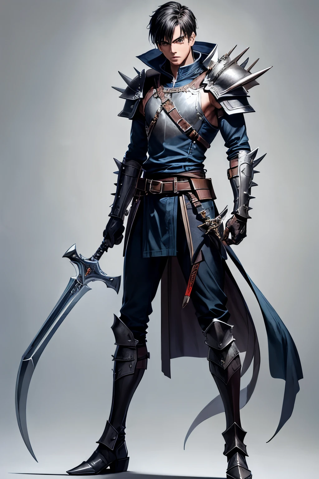 Crie um personagem de d&d, RPG. This character has short, spiky black hair, he is tall but slender, wears armor that covers his ankles, your thighs, His arms, forearms and chest, but leaves space between the body joints, like knees and elbows, these parts are connected by leather straps, he wields a broadsword popularly known as "bastard sword", On his belt he carries a small bag, some bolts similar to small arrows are scattered around the belt, on the back of his belt he has two swords, your boots are also made of steel, completing your armor, wear gloves and cloth clothing under the armor