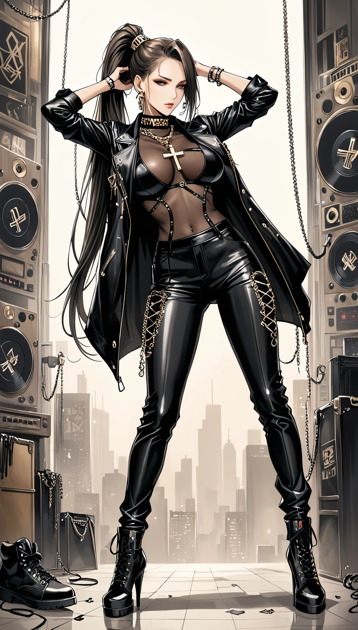 in style of Santiago Caruso,in style of Mike Azevedo,
1girl,(hip-hop style trousers:1.8),huge oversize breasts,cross ornament,leg cross,nipple cross,extreme elegance,extremely detailed,{black leather half sleeve jacket:1.3},lace-up leather shoes
BREAK
{stand with diverging legs:1.6},black silk see through bodystocking,drooping an arm,hand in the hair,high ponytail,incredibly long hair