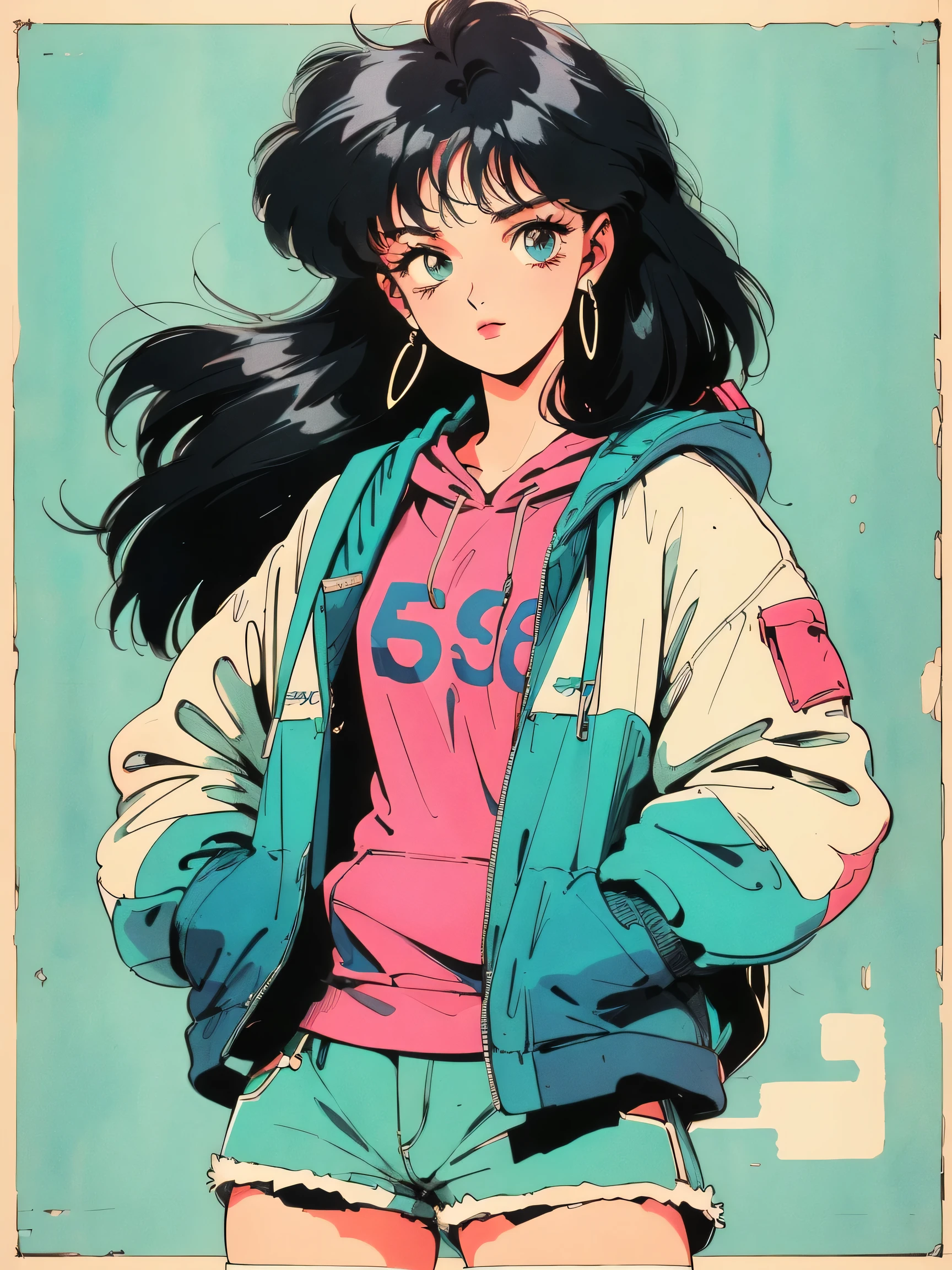 ((((90s anime style,1990s style,1970s anime,Folk portrait style,Retro style poster,Chicano retro fashion,Renaissance, Retro Style InspirationRetro, hand painted details, fresh and clean appearance,))))(masterpiece:1.2, highest quality,highest quality,wonderful quality,Ultra-high resolution), (Complex details),((Tilt your head,hands in pockets,)) 1 female, alone,Minimal makeup, Natural materials,Innocent, Naughty face,((rich background,)) ((City of night,neon,))Black Hair,{Long Hair|Clearly visible strands of hair|natural curves|Ahoge|},clear, stripe, stripe on forehead,can'can't believe it_Unreasonable student,Shorts, (((Saggy breasts))), mature face, detailed face, ((Very detailed, Lovely)), (Geometric:1.2),)), ((hood hoodie,,Sleeves are longer than the wrist,Shorts,Carrying a backpack))Ray Tracing,Divine Revelation,Godley)),((very_detailed_eye_and_face)),(Beautiful and aesthetic: 1.2),wonderful,can'can't believe it Amazing quality,)),((very_detailed_eye_and_face)),(Beautiful and aesthetic: 1.2),wonderful,Ultra-precise depiction, Ultra-detailed depiction,bokeh (85MM SHOT),(((Delicate fingers and hands:0.55))::0.85))),(detailed fingers),