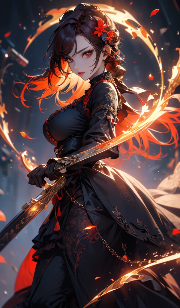 masterpiece, high quality, 4K, Beautiful design, silhouette，Redhead， 非常に詳細な夜のStarry Sky,Flower Field， wonderful, Finer details,  Very knowledgeable woman, Highly detailed solo, 1 female,Red eyes，Big Breasts，Gothic Lolita Fashion，Night view，Starry Sky，Red full moon，World of Fire，
