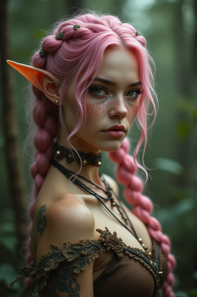 (Realisttic:1.2), analog photo style, Beautiful Elf woman, posing, with freckles and long pink hair braided, (steampunk dark fantasy atmosphere), soft natural light, cute and sexy, great quality, Masterpiece, detailed strange background, better performance, 16k quality, RAW photo