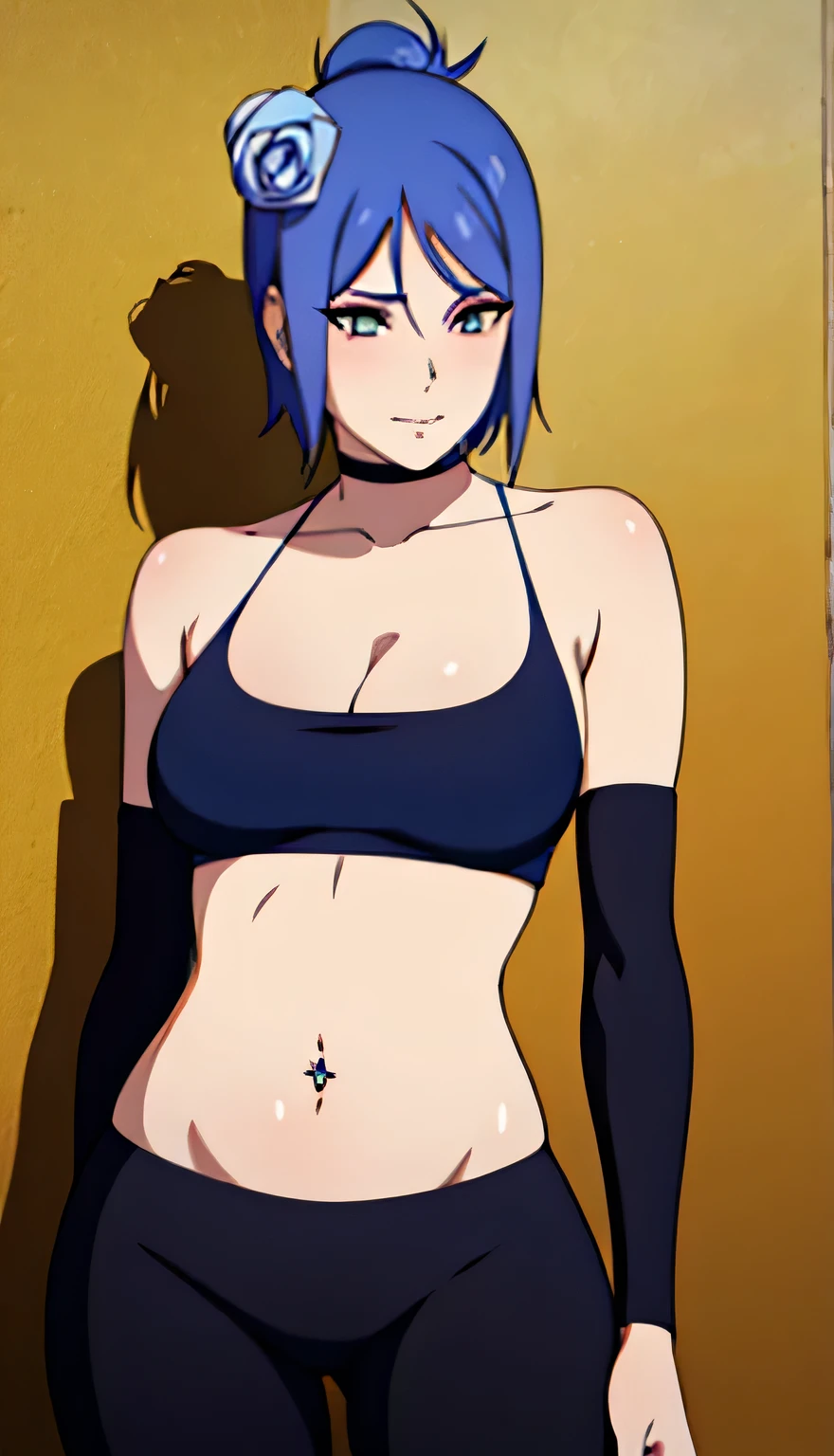 Konan, blue hair, short hair, flower in hair, orange beautiful eyes, beautiful eyes, lavender eyeshadow, blush, smiling, shy, black basic simple crop top, exposed shoulders, medium chest, exposed navel, exposed abdomen, shiny, shiny belly, sexy belly, bellybutton piercing, extremely low-rise leggings, black basic seamless leggings, youthful, slim, slender, voluptuous, vivacious, beautiful, gorgeous, attractive, stunning, digital, masterpiece, 2d, high quality, highly detailed, looking at viewer, presenting, wall background, resting on wall, cowboy shot, close view, babe, sexy body, narrow waist, 2d anime