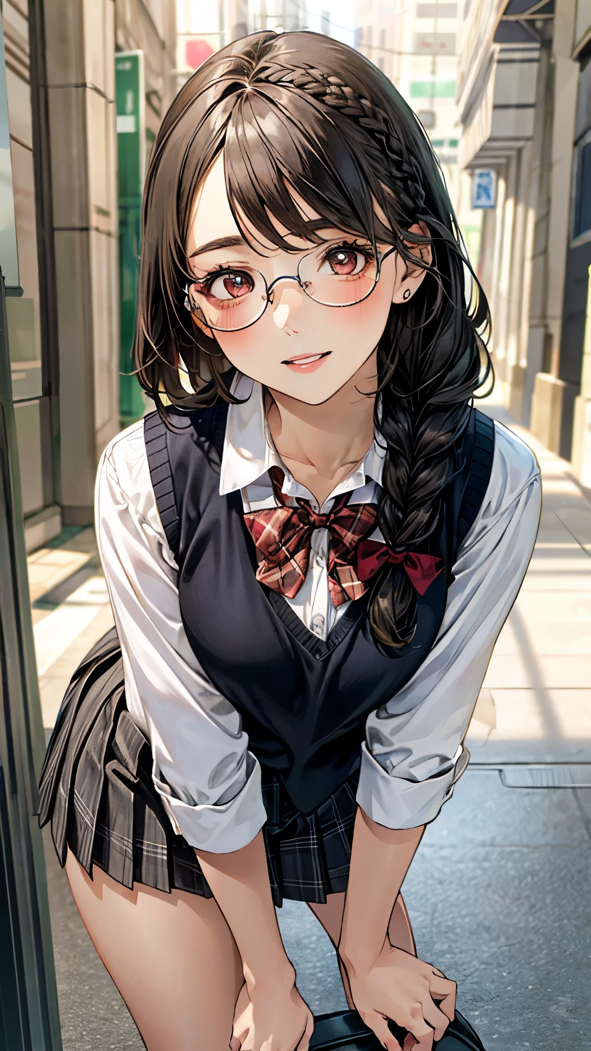 (masterpiece:1.3, top-quality, ultra high res, ultra detailed), (realistic, photorealistic:1.4), beautiful illustration, perfect lighting, natural lighting, colorful, depth of fields, surrealism,
beautiful detailed hair, beautiful detailed face, beautiful detailed eyes, beautiful clavicle, beautiful body, beautiful chest, beautiful thigh, beautiful legs, beautiful fingers, shiny skin,
looking at viewer, 1 girl, japanese, high school girl, (perfect anatomy, anatomically correct, super detailed skin), cute and symmetrical face, babyface, perfect face, perfect eyes,
(middle hair, twin braid, black hair), parted bangs, brown eyes, big eyes, drooping eyes, round glasses, long eyelashes, (medium breasts, seductive thighs), slender, outstanding style,
((detailed cloth texture, break,break, white collared shirt, break,break, light brown knit vest, break,break, grey plaid pleated skirt, break,break, red bow tie), break,break, white socks, black loafer),
(beautiful scenery), evening, (park), standing, leaning forward, (arms behind back), (lovely smile, parted lips),