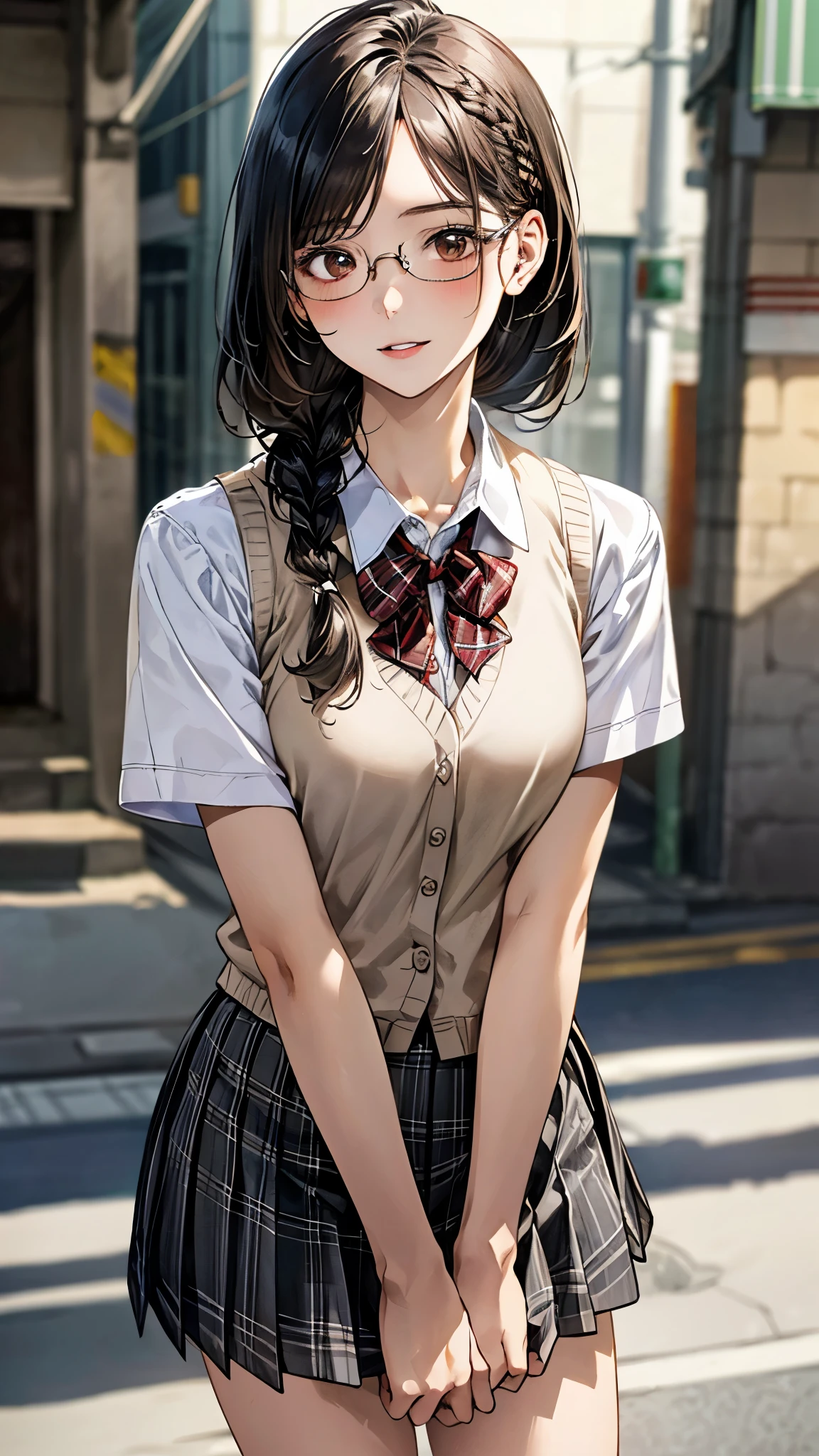(masterpiece:1.3, top-quality, ultra high res, ultra detailed), (realistic, photorealistic:1.4), beautiful illustration, perfect lighting, natural lighting, colorful, depth of fields, surrealism,
beautiful detailed hair, beautiful detailed face, beautiful detailed eyes, beautiful clavicle, beautiful body, beautiful chest, beautiful thigh, beautiful legs, beautiful fingers, shiny skin,
looking at viewer, 1 girl, japanese, high school girl, (perfect anatomy, anatomically correct, super detailed skin), cute and symmetrical face, babyface, perfect face, perfect eyes,
(middle hair, twin braid, black hair), parted bangs, brown eyes, big eyes, drooping eyes, round glasses, long eyelashes, (medium breasts, seductive thighs), slender, outstanding style,
((detailed cloth texture, break,break, white collared shirt, break,break, light brown knit vest, break,break, grey plaid pleated skirt, break,break, red bow tie), break,break, white socks, black loafer),
(beautiful scenery), evening, (park), standing, leaning forward, (arms behind back), (lovely smile, parted lips),
