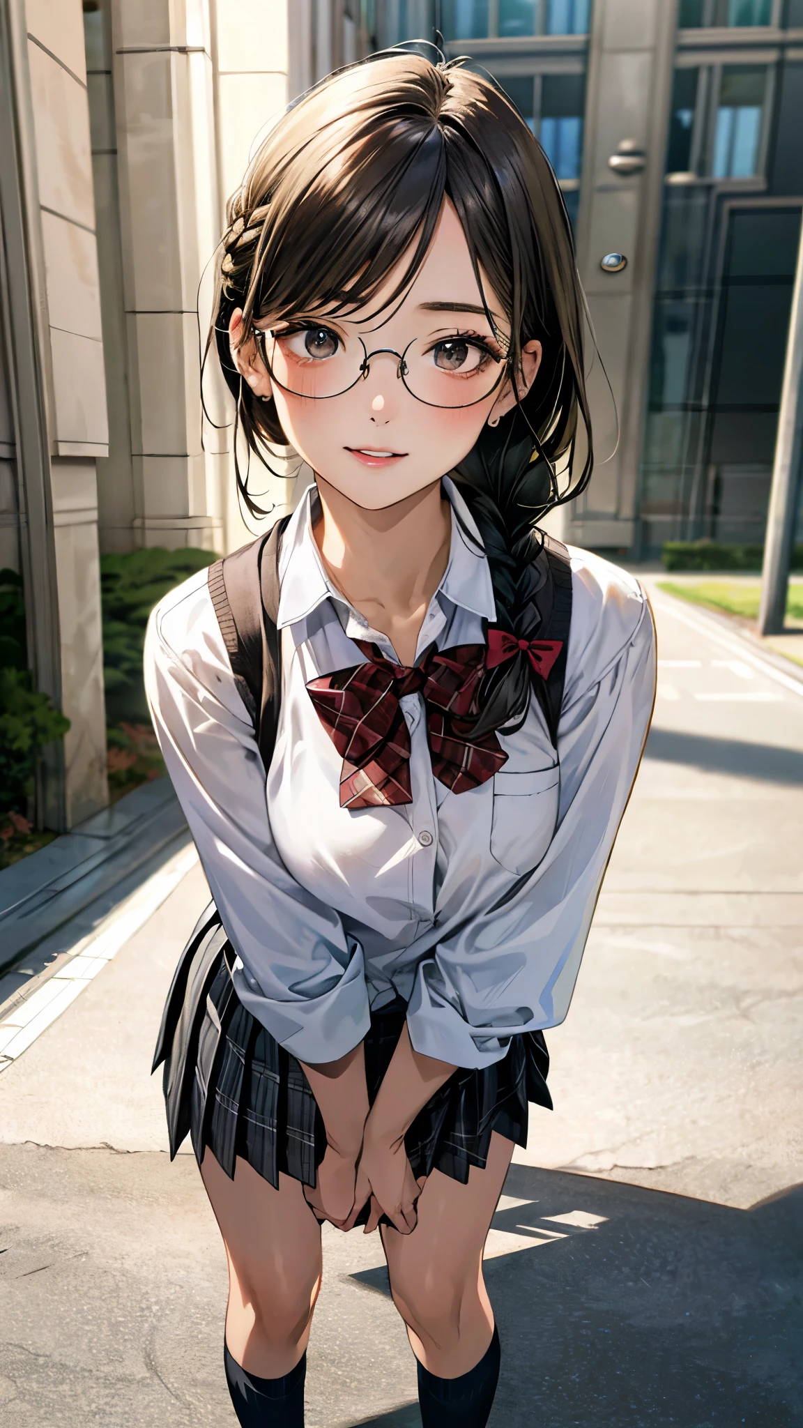 (masterpiece:1.3, top-quality, ultra high res, ultra detailed), (realistic, photorealistic:1.4), beautiful illustration, perfect lighting, natural lighting, colorful, depth of fields, surrealism,
beautiful detailed hair, beautiful detailed face, beautiful detailed eyes, beautiful clavicle, beautiful body, beautiful chest, beautiful thigh, beautiful legs, beautiful fingers, shiny skin,
looking at viewer, 1 girl, japanese, high school girl, (perfect anatomy, anatomically correct, super detailed skin), cute and symmetrical face, babyface, perfect face, perfect eyes,
(middle hair, twin braid, black hair), parted bangs, brown eyes, big eyes, drooping eyes, round glasses, long eyelashes, (medium breasts, seductive thighs), slender, outstanding style,
((detailed cloth texture, break,break, white collared shirt, break,break, light brown knit vest, break,break, grey plaid pleated skirt, break,break, red bow tie), break,break, white socks, black loafer),
(beautiful scenery), evening, (park), standing, leaning forward, (arms behind back), (lovely smile, parted lips),