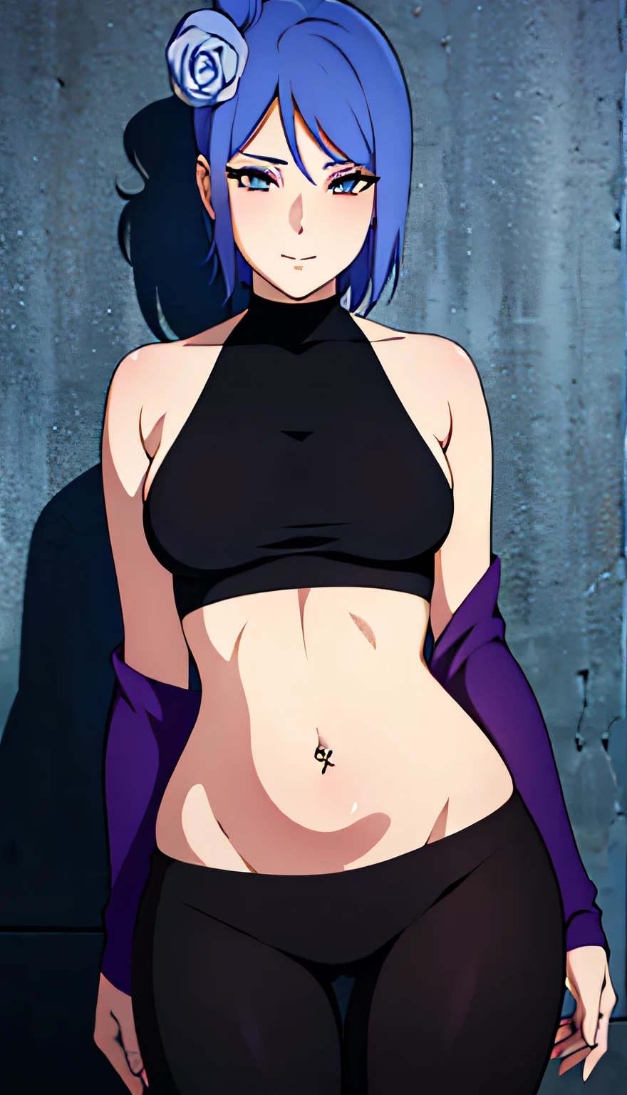 Konan, blue hair, short hair, flower in hair, orange beautiful eyes, beautiful eyes, lavender eyeshadow, blush, smiling, shy, black basic simple crop top, exposed shoulders, medium chest, exposed navel, exposed abdomen, shiny, shiny belly, sexy belly, bellybutton piercing, extremely low-rise leggings, black basic seamless leggings, youthful, slim, slender, voluptuous, vivacious, beautiful, gorgeous, attractive, stunning, digital, masterpiece, 2d, high quality, highly detailed, looking at viewer, presenting, wall background, resting on wall, cowboy shot, close view, babe, sexy body, narrow waist, 2d anime