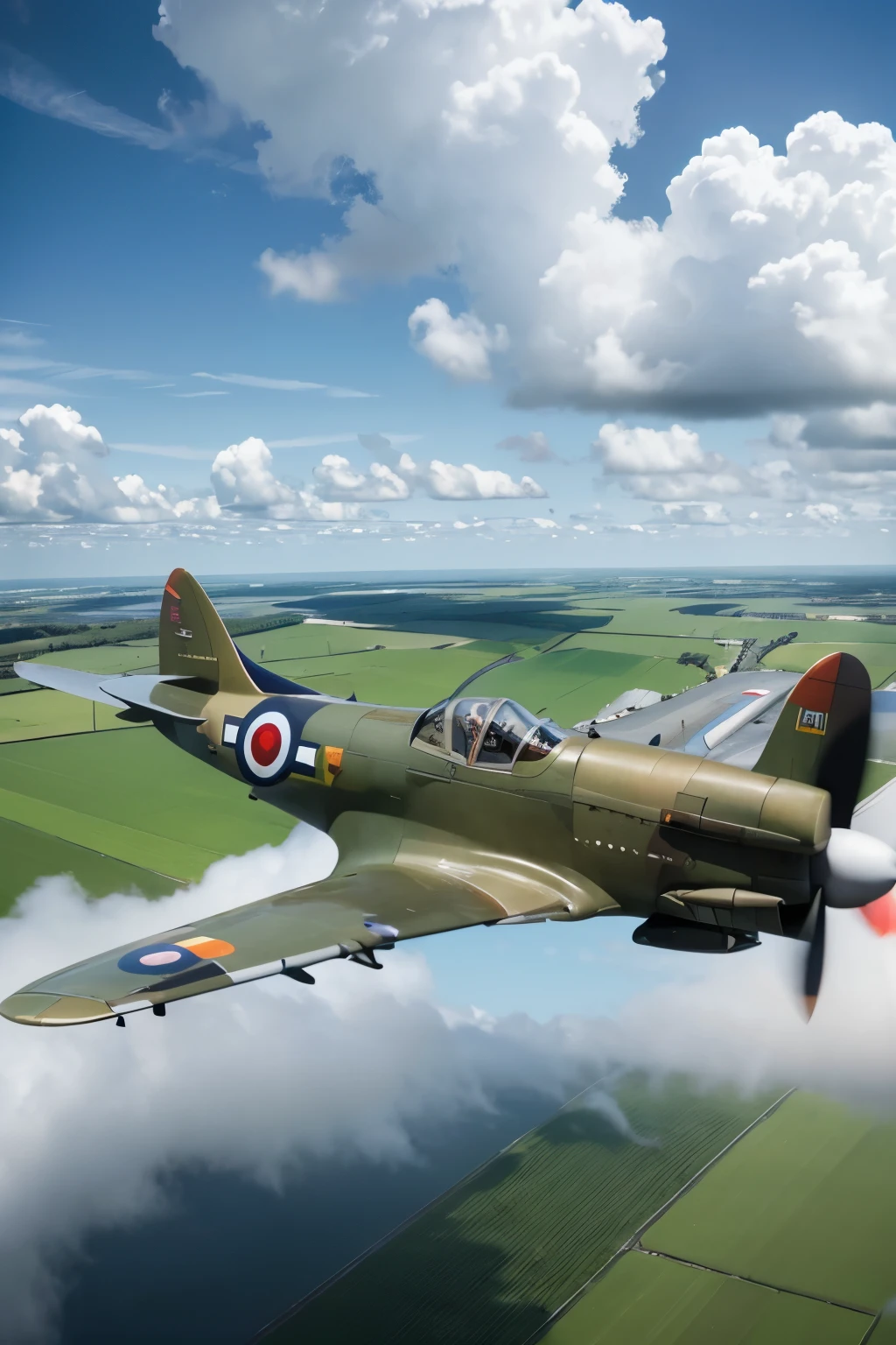 Generate an image of a Supermarine Spitfire flying over green fields, with white clouds in the sky. The plane must be at high speed, with clear details of British markings on the wings and fuselage."