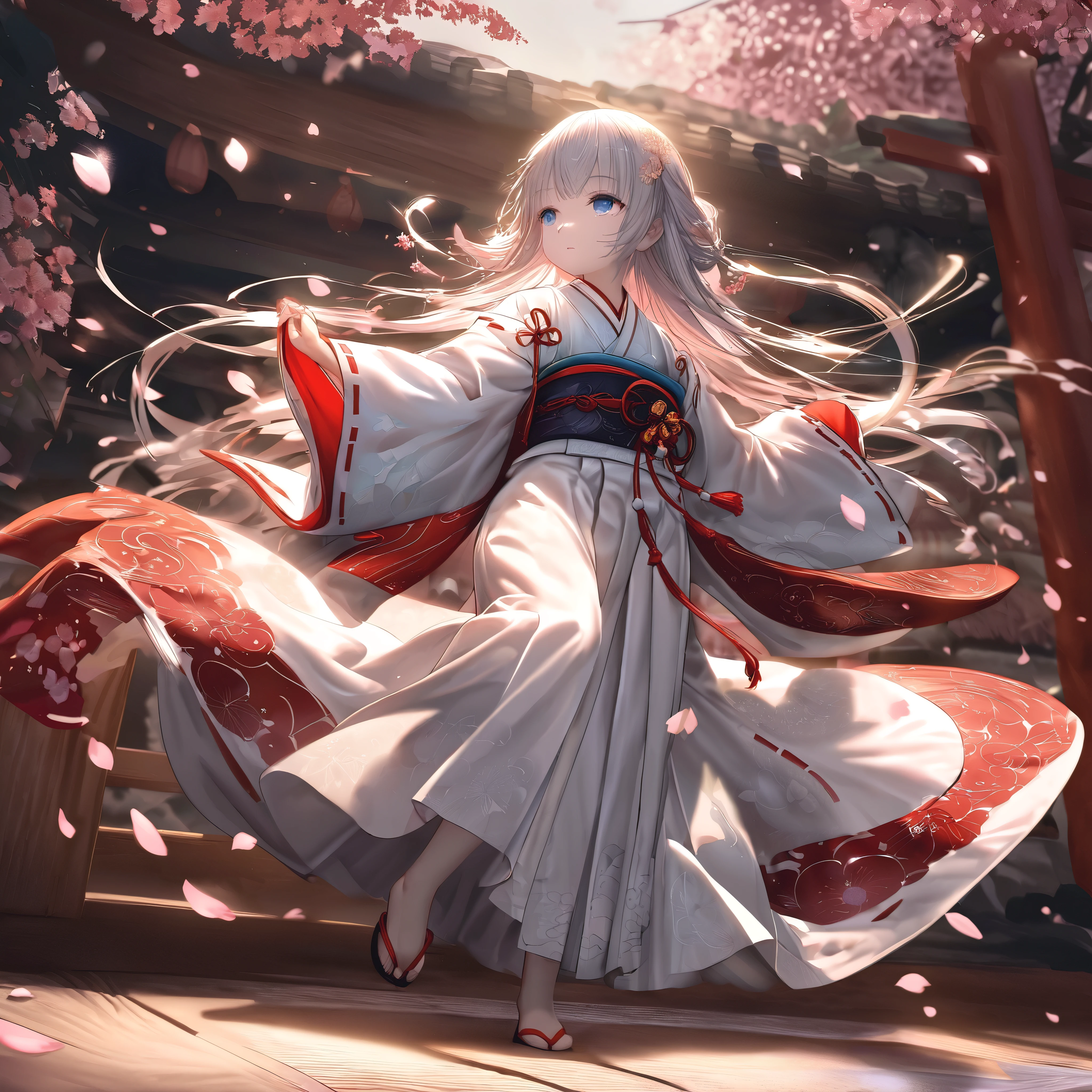 (full body), (solo), (A :1.2), (very young little girl), l, (small breas(wide angle), raw photo, Aesthetic, Convoluted, Awarded, chiaroscuro, Best Quality, Detailed background, (Misty atmosphere:1.2), (hard rainy day:1.1),((Girl in very long shrine maiden:1.2)), detailxl, In the throes of a tempestuous night, the rain falls in torrents, painting the world in shades of silver and darkness. Amidst the deluge, a young girl appears, a figure of enchantment, her silhouette a stark contrast to the storm's fury. She is adorned in a Japanese shrine maiden costume, a miko-zukuri, that is an opulent display of elegance and tradition. The miko-zukuri is a vision of grandeur, with the haori, an outer garment, extending its hem to the ground, flowing like a river of pristine white silk. The fabric is of the highest quality, its texture smooth and supple, caressing the contours of her form as she moves with the grace of a willow in the wind. The haori is embroidered with delicate motifs of cherry blossoms and chrysanthemums, symbols of spring and autumn, respectively, their petals intricately stitched with threads that glimmer with the subtlest hint of mother-of-pearl. The hakama, a traditional skirt, is elongated to match the haori, its hem sweeping the ground with each step, creating a sound akin to rustling leaves. The hakama is a deep, rich crimson, the color of a heart's passion, and it is adorned with a brocade pattern that is a dance of light and shadow, the threads shimmering with a metallic sheen that catches the fleeting flashes of lightning. Her hair is styled in a traditional manner, with a long, flowing braid that cascades down her back, secured with a white ribbon that is embroidered with delicate cherry blossoms. The ribbon flutters with each movement, a dance of its own, adding to the overall elegance of her appearance. Around her waist, she wears an obi, a wide sash that is a tapestry of colors and patterns, its design
